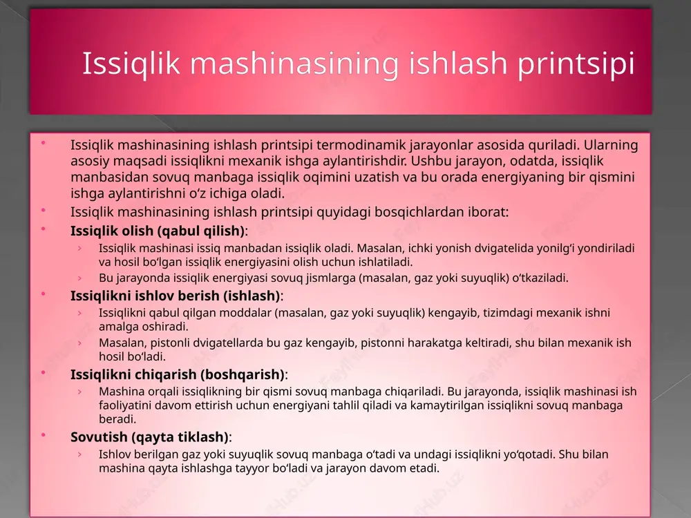 siq manbaga uzatish orqali energiya ishlab chiqaradi. cop bu holatda nasosning ishlov berish samaradorligini o‘lchaydi, ya'ni energiyaning qancha qismini issiqlikka aylantirish mumkinligini ko‘rsatadi.  cop ning ahamiyati:  katta cop — mashina samaradorligini bildiradi, ya'ni olingan ish yoki energiya ko‘proq.  kichik cop — mashinaning samaradorligi pastroq, ya'ni ko‘proq energiya sarflanadi.  cop va carnot samaradorligi:  carnot tsikli — ideal issiqlik mashinasining maksimal cop koeffitsientini hisoblash uchun ishlatiladi. carnot samaradorligi formulasi quyidagicha: issiqlik mashinasining samaradorligi  issiqlik mashinasining samaradorligi — bu mashinaning olgan energiyasini (issiqlikni) mexanik ishga aylantirish darajasini ifodalovchi o‘lchovdir. samaradorlik, asosan, issiqlik mashinasining foydali ish koeffitsienti (cop) orqali yoki umumiy samaradorlik koeffitsienti sifatida o‘lchanadi. bu koeffitsient mashinaning energiyani qanday sarflashi va qancha ishlashga aylantirishi bilan bog‘liq bo‘ladi.  issiqlik mashinasining samaradorligi maksimal darajada bo‘lishi uchun energiya yo‘qotishlari minimal bo‘lishi kerak. biroq, termodinamikaning ikkinchi qonuni shu nuqtada cheklovlar kiritadi, chunki to‘liq samaradorlikka erishish imkonsiz.  samaradorlik va termodinamikaning …