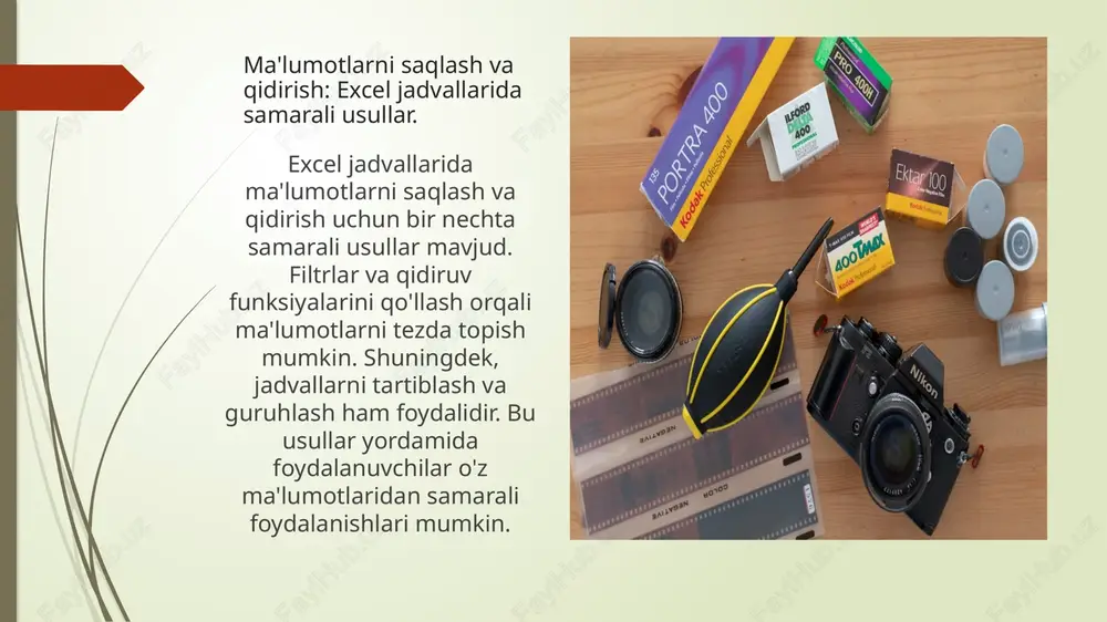 nteraktiv taqdimotlar uchun foydalanilishi mumkin. hyperlinklar va dinamik grafiklar taqdimotlarni qiziqarli va tushunarli qiladi. xulosa excelning ahamiyati ma'lumotlarni tahlil qilish vizualizatsiya imkoniyatlari excel jadvallari ma'lumotlarni boshqarish va tahlil qilishda juda muhim vosita bo'lib, ularni har qanday sohada qo'llash mumkin. excelda ma'lumotlarni tahlil qilish uchun turli formulalar va funksiyalar mavjud bo'lib, ular ish jarayonini yanada samarali qiladi. grafik va diagrammalar orqali ma'lumotlarni vizualizatsiya qilish, tushunishni osonlashtiradi va taqdimotlarni yanada qiziqarli qiladi. e'tiboringiz uchun rahmat! image1.png image2.jpg image3.jpg image4.jpg /docprops/thumbnail.jpeg