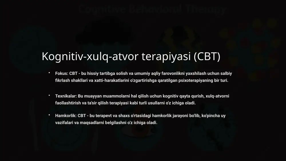 umumiy hayot sifatini yaxshilash uchun ijobiy tanlov qilish qobiliyatiga ega ekanligiga ishonish atrofida aylanadi. 7 guruh terapiyasi guruh terapiyasi - bu psixoterapiyaning bir turi bo'lib, unda bir yoki bir nechta terapevtlar mijozlarning kichik guruhini guruh sifatida davolashadi. bu odamlar o'z tajribalarini baham ko'rishlari, boshqalardan o'rganishlari va umumiy terapevtik maqsadlar sari birgalikda ishlashlari mumkin bo'lgan qo'llab-quvvatlovchi muhitni ta'minlaydi. ushbu mashg'ulotlarda ishtirokchilar o'zlarining his-tuyg'ularini o'rganishlari, shunga o'xshash qiyinchiliklarga duch kelgan boshqalardan qimmatli tushunchalarni olishlari va shaxslararo munosabatlarni rivojlantirishlari mumkin. ushbu terapiya shakli, ayniqsa, ijtimoiy tashvish, depressiya, giyohvandlik va munosabatlar muammolari bilan kurashayotganlar uchun foydalidir. bu hamjamiyat tuyg'usini rivojlantiradi va ijtimoiy qo'llab-quvvatlashni kuchaytiradi, bu ishtirokchilarga o'zlarini kamroq izolyatsiya qilingan va ko'proq tushunilgan his qilishlariga imkon beradi. guruh terapiyasi, shuningdek, davolanishning tejamkor va samarali usuli bo'lishi mumkin, chunki u odamlarga bir vaqtning o'zida bir nechta odamlarning tajribasi va istiqbollaridan foydalanishga imkon beradi. 8 oila terapiyasi oila terapiyasi, shuningdek, oilaviy maslahat sifatida ham tanilgan, bu …