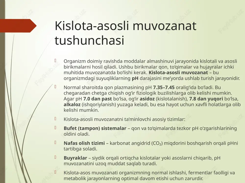 ida qo‘shilgan ishqor reaksiya muhitiga birmuncha kam ta’sir qiladigan kuchsiz asos tuzining ekvivalent miqdori bilan almashtiriladi (gidrolizga qarang) ana shu tuzning dissotsiyalanishidan hosil bo‘ladigan ch3cooanionlari sirka kislota dissotsilanishiga birmuncha susaytiruvchi ta’sir ko‘rsatadi. bu reaksiya jarayonida sirka kislota sarf bo‘lgani uchun , h+ ionlarining ancha kamayishini kutish kerak edi. biroq, aralashma (ph) ning faol kislotaliligi deyarli o‘zgarmaydi chunki reaksiyaga kirishgan kislota i onlari h+ va ch3coo o‘rniga potensial kislotalilik hisobiga yangi h+va ch3 coo ionlari hosil bo‘ladi. inson organizmidagi asosiy bufer sistemalar 1.gidrokarbonatli bufer sistema- hujayraning tashqarisidagi asosiy bufer sistema. bu bufer sistema qonning asosiy bufer sistemasi bo’lib u qon bufer sig’imining 53% tashkil etadi. 2. fosfat bufer sistema- bu bufer sistema turli biologik suyuqliklarda, siydikda, ovqat hazm qilish bezlarining shirasida, buyrakda boradigan fiziologik jarajonlarni normallawtirib turadi. 3. oqsilli bufer sistema- organizm massasining 25% ni oqsil modda tashkil qiladi. bu eng kuchli bufer sistema. oqsilli bufer sistemasi protein k-ta va uning …