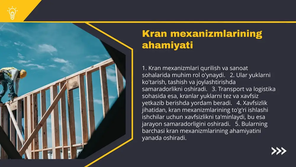 ari, masalan, avtomatlashtirilgan tizimlar. 3. sifat nazorati: mahsulot sifatini ta'minlash uchun standartlarga muvofiqlik, sinov va nazorat jarayonlari. photo by american public power association on unsplash kran mexanizmlarining innovatsion yechimlari - kran mexanizmlarida innovatsion yechimlar yangi texnologiyalar bilan birga rivojlanmoqda. - yangi texnologiyalar: masalan, avtomatlashtirilgan boshqaruv tizimlari, sensorlar va iot (internet of things). - ushbu texnologiyalar ish jarayonini tezlashtirib, xavfsizlikni oshiradi. - kran mexanizmlarini takomillashtirish yo'llari: energiya samaradorligini oshirish, yuk ko'tarish qobiliyatini kengaytirish va xizmat ko'rsatishni yaxshilash. - innovatsion yechimlar orqali xavfsizlik va samaradorlikni oshirish mumkin. photo by andrea de santis on unsplash kran mexanizmlarining kelajagi kran mexanizmlarining kelajakdagi rivojlanishi zamonaviy texnologiyalar va innovatsiyalar bilan bevosita bog'liq. hozirgi kunda sanoat yangi avtomatlashtirish va raqamli yechimlarga o'tmoqda. yangi tendensiyalar, masalan, iot (internet of things) va sun'iy intellekt, kran mexanizmlarini samarali va xavfsiz ishlatishga yordam beradi. bu tendensiyalar ish jarayonlarini optimallashtirishga olib keladi. kran mexanizmlarini rivojlantirish istiqbollari yangi materiallar va texnologiyalarni qo'llash, energiya …