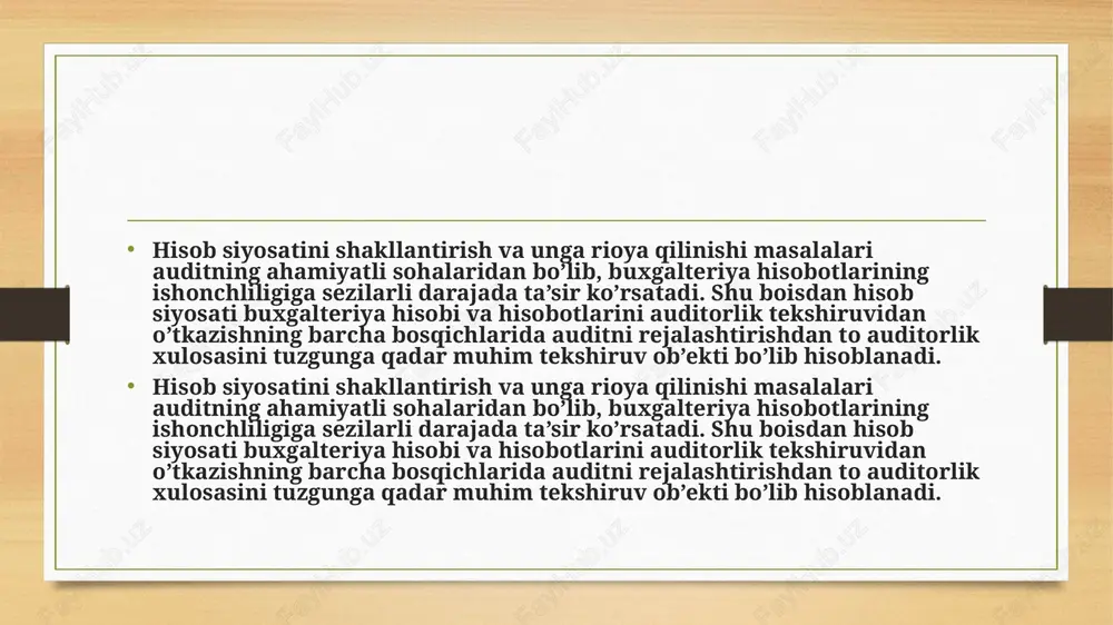 at xo’jalik yurituvchi sub’ektni qayta tashkil etilish (birlashish, bo’linish, qo’-shib olish), mulkdorlar almashishi, o’zbekiston respublikasi qonunchiligi yoki o’zbekiston respublikasida buxgalteriya hisobining o’zgarishi va buxgalteriya hisobining yangi uslublari ishlab chiqilgan hollarda hisob siyosati o’zgartirilishi mumkin (№1 bhms 56. 1, 56. 2, 56. 3, 56. 4). №1 bhms 56 bandiga muvofiq hisob siyosati kalendar yili davomida o’zgartirilmaydi. faqat xo’jalik yurituvchi sub’ektni qayta tashkil etilish (birlashish, bo’linish, qo’-shib olish), mulkdorlar almashishi, o’zbekiston respublikasi qonunchiligi yoki o’zbekiston respublikasida buxgalteriya hisobining o’zgarishi va buxgalteriya hisobining yangi uslublari ishlab chiqilgan hollarda hisob siyosati o’zgartirilishi mumkin (№1 bhms 56. 1, 56. 2, 56. 3, 56. 4). hisob siyosatiga kiritilgan o’zgartishlar asoslangan bo’lishi va tegishli tartibda rasmiylashtirilishi lozim (№1 bhms 55 bandiga muvofiq). o’zbekiston respublikasi qonunchiligining o’zgarishi bilan bog’liq bo’lmagan hisob siyosatidagi o’zgartishlar oqibatlari xo’jalik yurituvchi sub’ekt tomonidan buxgalteriya hisobining o’zgartirilgan uslublari qo’llanilib boshlanadigan sanaga (oyning birinchi sanasiga) tekshirilgan ma’lumotlar asosida qiymat ifodasida baholangan bo’lishi lozim. hisob siyosati …