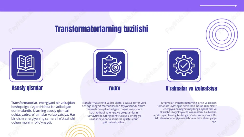 rinsipi faraday qonuniga asoslanadi, ya’ni magnit maydonning o‘zgarishi elektr kuchlanishining hosil bo‘lishini ta’minlaydi. shunday qilib, transformatorlar energetik tizimlarning samaradorligini oshiradi va energiyaning uzatish jarayonida zaruriy vositalardir. transformatorlarning turlari o‘zgaruvchi transformatorlar o‘zgaruvchi transformatorlar energiya manbalarining kuchlanishini o‘zgartirish uchun ishlatiladi. ular asosan elektr energiyasini boshqarish va taqsimlash tizimlarida qo‘llaniladi. kuchlanish transformatorlari kuchlanish transformatorlari kuchlanishni oshirish yoki kamaytirish maqsadida ishlatiladi. ular elektr energiyasini uzatishda muhim rol o‘ynaydi va ko‘pincha elektr stansiyalarida va tarmoqda uchraydi. ishlab chiqaruvchi transformatorlar ishlab chiqaruvchi transformatorlar energiya ishlab chiqarish jarayonida qo‘llaniladi. ular elektr energiyasini ishlab chiqaruvchi qurilmalardan tortib, iste'molchilarga yetkazib berish jarayonida muhim ahamiyatga ega. o‘zgartiruvchi transformatorlar o‘zgartiruvchi transformatorlar elektr energiyasini bir voltajdan boshqasiga o‘zgartirish uchun mo‘ljallangan qurilmalardir. ular asosan kuch tizimlarida ishlatiladi, masalan, elektr stansiyalarida energiyani uzatish va taqsimlash jarayonida. o‘zgartiruvchi transformatorlar, odatda, yuqori voltajli energiyani past voltajga o‘zgartirish uchun qo‘llaniladi, bu esa energiya yo‘qotishlarini kamaytiradi va iste'molchilarga qulayliklar yaratadi. mavjud bo‘lgan eng asosiy o‘zgartiruvchi transformator turlari - …