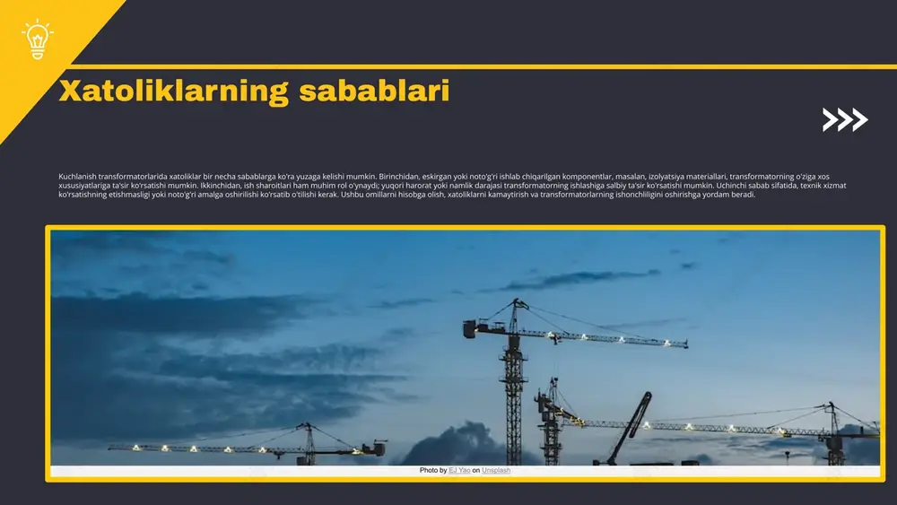 iya usullari**: real sharoitlarni simulyatsiya qilish orqali xatolarni o'rganish. - **afzalliklari**: xatolarni oldindan aniqlash imkoniyati. - **kamchiliklari**: resurslar va vaqt talab qiladi. samarali strategiyalarni amalga oshirish uchun quyidagi qadamlarni bajarish muhimdir: birinchi navbatda, xatoliklarni aniqlash va baholash tizimini yaratish kerak. keyin, xatoliklarni bartaraf etish uchun aniq reja tuzish zarur. ushbu reja doirasida xodimlar uchun treninglar va seminarlar o'tkazish, shuningdek, nazorat va tahlil tizimlarini joriy etish muhim ahamiyatga ega. xatoliklarni bartaraf etish jarayonida bir nechta samarali strategiyalar mavjud. birinchidan, muammoni aniqlash va tahlil qilish juda muhim. bu jarayon xatoliklarning ildiz sabablarini topishga yordam beradi. ikkinchidan, xatoliklarni oldini olish uchun nazorat mexanizmlarini joriy etish zarur. masalan, avtomatik monitoring tizimlari xatoliklarni erta aniqlashda foydali bo'lishi mumkin. nihoyat, xodimlarni muntazam ravishda o'qitish va ko'nikmalarini oshirish orqali xatoliklarni kamaytirish mumkin. xatoliklarni bartaraf etish samarali strategiyalar va ularni amalga oshirish kelajak uchun takliflar kelajakda kuchlanish transformatorlarining xatoliklarini kamaytirish va ulardan samarali foydalanishni ta'minlash uchun bir qator …