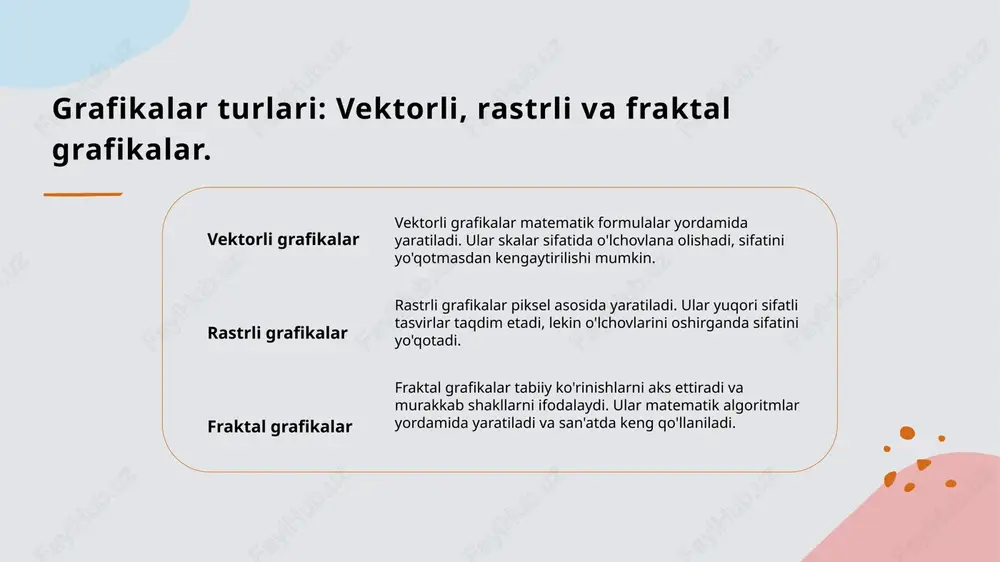 ri. 1 vektorli grafikalar turlari - vektorli grafikalar, chiziqlar va shaklning matematik ifodalaridan tashkil topgan bo'lib, yuqori sifat va aniq ko'rinish taklif qiladi. 2 o'lchov va sifat - vektorli grafikalar, kengaytirilganda ham sifatni yo'qotmaydi, bu esa ularni logotiplar va dizayn uchun ideal qiladi. 3 foydalanish qulayligi - vektorli grafikalar, turli dasturlarda osonlik bilan tahrirlanadi va ko'p joylarda, masalan, reklama va internetda qo'llaniladi. vektorli grafikalar: biznes va marketingda qo'llanilishi. 1 vektorli grafikalar: afzalliklari vektorli grafikalar yuqori sifat va aniqlikni ta'minlaydi, shu sababli reklamalar va brend dizaynida keng qo'llaniladi. 2 marketingda qo'llanish vektorli grafikalar marketing materiallari, logotiplar va bannerlar uchun mos keladi, chunki ularni osonlik bilan o'lchamlarini o'zgartirish mumkin. 3 misollar va natijalar misol uchun, mashhur brendlar vektorli grafikalarni o'z logotiplarida ishlatib, reklama kampaniyalarida bir xil ko'rinishni saqlaydi. vektorli grafikalar va dasturlash tillarida integratsiyasi. vektorli grafikalar va dasturlash tillari o'yinlar va vizualizatsiya vektorli grafikalar va kutubxonalar vektorli grafikalar, dasturlash tillarida keng qo'llaniladi, …