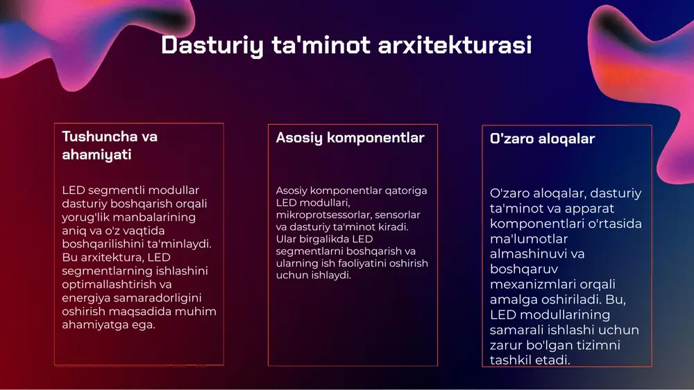 bog'lanish va aloqa o'rnatishni taqozo etadi. shuningdek, har bir modulning o'ziga xos xususiyatlari va funktsiyalari, umumiy tizimning samaradorligini oshirishga xizmat qiladi. dasturiy boshqarish tamoyillari - modullik: dasturiy ta'minotning kichik va mustaqil qismlarga bo'linganligi. har bir modul o'z vazifasini bajaradi va boshqa modullardan mustaqil ravishda ishlaydi. - qayta foydalanish: dasturiy ta'minotda bir marta yaratilgan kod yoki modullarni boshqa loyihalarda ham ishlatish imkoniyati. bu vaqtni va resurslarni tejashga yordam beradi. - kengaytiriluvchanlik: dasturiy ta'minotning yangi funksiyalarni qo'shish yoki mavjudlarini o'zgartirish imkoniyatidir. bu dasturiy ta'minotni kelajakda rivojlantirishda muhim ahamiyatga ega. dasturiy boshqarish tamoyillari dasturiy ta'minot ishlab chiqish jarayonida muhim rol o'ynaydi. modullik, qayta foydalanish va kengaytiriluvchanlik kabi tamoyillar, led segmentli modullarni dasturiy boshqarishda samarali yechimlar yaratishga yordam beradi. ushbu tamoyillar dasturiy ta'minotning sifatini oshirish va ishlab chiqish jarayonini soddalashtirishga xizmat qiladi. photo by altumcode on unsplash modul integratsiyasi usullari integratsiya usullari, xususan api va microservices, led segmentli modullarni boshqarish jarayonida muhim ahamiyatga ega. …