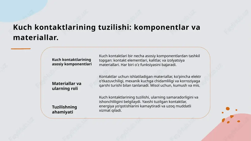 ktr kuch kontaktlari elektr oqimini boshqarish uchun ishlatiladigan komponentlardan iborat. ular kontaktlar, isolyatorlar va elektr termal materiallardan tashkil topgan. 02 ishlash prinsiplari elektr kuch kontaktlari, elektr energiya o'tkazish jarayonida kontaktlar o'rtasidagi elektr maydonining ta'siri bilan ishlaydi. ular qisqa shamollash va uzilishlarga qarshi himoya qiladi. 03 modellar va turlari turli elektr kuch kontaktlari modellariga misol sifatida elektromekanik, statik va optik kontaktlarni keltirish mumkin. har biri o'ziga xos afzalliklari va qo'llanilishi bor. mexanik kuch kontaktlari: ishlash prinsiplari va misollar. 1 mexanik kuch kontaktlari mexanik kuch kontaktlari mexanik tizimlar orasida kuch o'tkazuvchi elementlardir. ular turli mexanik harakatlarni boshqarishda muhim rol o'ynaydi. 2 ishlash prinsiplari mexanik kuch kontaktlari, kuch va harakatni bir tizimdan boshqasiga o'tkazish orqali ishlaydi. ularning samaradorligi to'g'ridan-to'g'ri material va dizayn sifatiga bog'liq. 3 misollar mexanik kuch kontaktlariga masalan, mexanik relelar, tormozlar va boshqa mexanik uzatish tizimlari kiradi. ular harakatni boshqarish uchun keng qo'llaniladi. 4 amaliy qo'llanilishi ushbu kontaktlar avtomobillar, sanoat mashinalari …