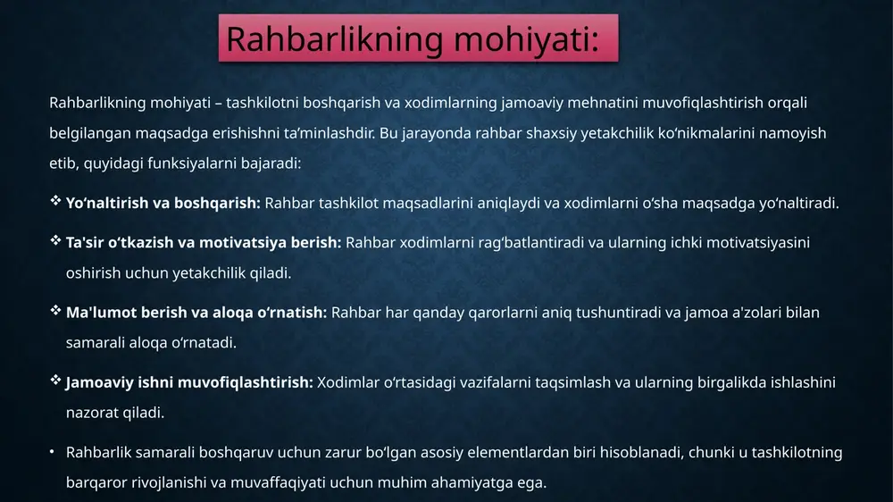 itini ta’minlashi lozim. bu esa xodimlarning motivatsiyasini oshiradi va ularning o‘z ishiga nisbatan sadoqatini kuchaytiradi. adolat va ochiqlik: rahbar adolatli va ochiq bo‘lishi kerak. xodimlar o‘zlarini qadrlangan va to‘g‘ri baholangan his qilishlari uchun rahbar barcha qarorlarni shaffof tarzda qabul qilishi lozim. xodimlar bilan munosabatlarni tashkil etish qaror qabul qilish jarayoni va muammolarni hal etish qaror qabul qilishning asosiy bosqichlari: muammoni aniqlash: qaror qabul qilish jarayoni, avvalo, muammoni yoki qaror qabul qilishni talab qiladigan vaziyatni aniqlashdan boshlanadi. bu bosqichda rahbar masalaning mohiyatini va uni hal qilish zarurligini tushunishi kerak. ma'lumot to‘plash va tahlil qilish: qaror qabul qilish uchun yetarli ma'lumot to‘plash muhimdir. bu ma'lumotlar tahlil qilinib, muammoga qanday ta’sir qilishi va turli qarorlarning oqibatlari oldindan baholanadi. muqobil variantlarni ishlab chiqish: qaror qabul qilishda rahbar turli muqobil variantlarni o‘ylab ko‘rishi kerak. har bir variantning afzalliklari va kamchiliklari tahlil qilinib, qaysi biri eng yaxshi yechim ekanligini aniqlash lozim. qarorni amalga oshirish: tanlangan qarorni …