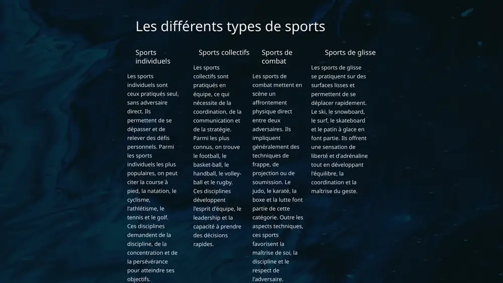 . les compétitions de natation, comme les jeux olympiques, attirent des foules passionnées qui admirent la grâce, la puissance et l'endurance des nageurs de haut niveau. 5 l'importance de l'équipement sportif l'équipement sportif joue un rôle essentiel dans la pratique du sport, tant pour la performance que pour la sécurité des athlètes. des chaussures adaptées, des vêtements respirants et résistants, un matériel de protection comme un casque ou des genouillères, tout cela est primordial pour pratiquer son activité sportive dans de bonnes conditions et éviter les blessures. au-delà des aspects pratiques, l'équipement sportif de qualité permet également aux athlètes de se sentir plus à l'aise et plus confiants, ce qui peut avoir un impact positif sur leurs performances. de plus, un bel équipement peut être source de fierté et de motivation, surtout chez les jeunes sportifs. que ce soit pour le sport professionnel ou loisir, investir dans un bon équipement …