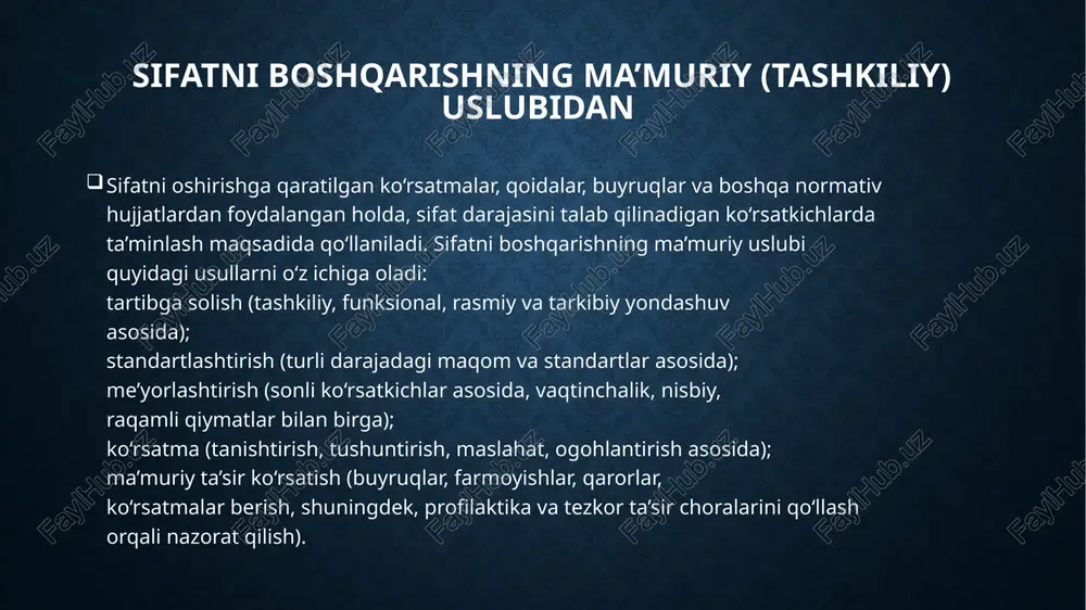 ni boshqarishning yuqorida keltirilgan uslublarining mohiyatidan kelib chiqqan holda, ularning aksariyati tashkilot xodimlariga bevosita ta’sir qilish uchun mo‘ljallangan degan xulosaga kelish mumkin. bu o‘z navbatida, sifat menejmenti tizimida inson omiliga alohida o‘rin egallashini yana bir bor tasdiqlaydi. foydalanilgan adabiyotlar 1. saidahmedova, d. s., & valixanova, m. (2023). qurilish korxonalarida sifat menejmenti tizimini joriy qilish-davr talabi. ekonomika i sotsium, (5-2 (108)), 330-334. 2. saidahmedova, d. management analysis and innovation management model. published in international journal of trend in scientific research and development (ijtsrd), issn, 2456-6470. 3. saidbaxromovna, s. d., & muhabbat, x. (2022). raqamli iqtisodiyot sharoitida tadbirkorlik faoliyatini boshqarishga ta’sir etuvchi omillar. international journal of contemporary scientific and technical research, 124-128. 4. saidaxmedova d.s. “menejmentga kirish” (praktikum). darslik. “jizpi tipografiyasi” nashriyoti, 2023 yil. - 300 b o‘ralov, z. (2022). "bemor bilan muloqotda oila a'zolarining o‘rni". bemor va jamiyat, 4(2), 123-128. image2.png /docprops/thumbnail.jpeg