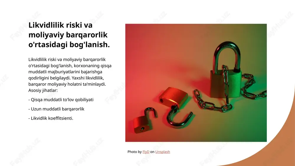 . 3 risklarni boshqarish toʻlovga qobiliyatlilikni oshirish, moliyaviy risklarni boshqarish strategiyalarini qo'llash orqali amalga oshiriladi, bu esa korxona barqarorligini mustahkamlashga yordam beradi. korxonalar uchun toʻlovga qobiliyatlilik strategiyalari. korxonalar uchun toʻlovga qobiliyatlilik strategiyalari, qisqa muddatli majburiyatlarni bajarish va moliyaviy barqarorlikni ta'minlashga qaratilgan. ushbu strategiyalar quyidagilarni o'z ichiga oladi: likvidlikni oshirish, xarajatlarni kamaytirish va daromadlilikni yaxshilash. qattiq moliyaviy rejalashtirish va risklarni boshqarish muhim ahamiyatga ega. photo by traxer on unsplash toʻlovga qobiliyatlilikni oshirishda likvidlilik koeffitsientining ta'siri. 1 likvidlilik koeffitsienti likvidlilik koeffitsienti, korxonaning qisqa muddatli majburiyatlarini bajarish qobiliyatini o'lchaydigan muhim moliyaviy ko'rsatkichdir. 2 toʻlovga qobiliyat likvidlilik koeffitsienti oshishi toʻlovga qobiliyatini yaxshilaydi, bu esa kredit beruvchilar va investorlar uchun ishonchni oshiradi. 3 risklarni kamaytirish yuqori likvidlilik koeffitsienti, korxonalar uchun moliyaviy xavflarni kamaytiradi, bu esa barqarorlik va o'sishga olib keladi. 4 strategik qarorlar likvidlilik koeffitsienti, korxonaning strategik qarorlar qabul qilishida muhim rol o'ynaydi, bu esa kelajakdagi rivojlanish uchun zarur. toʻlovga qobiliyatlilikni baholashda moliyaviy ko‘rsatkichlar. toʻlov …