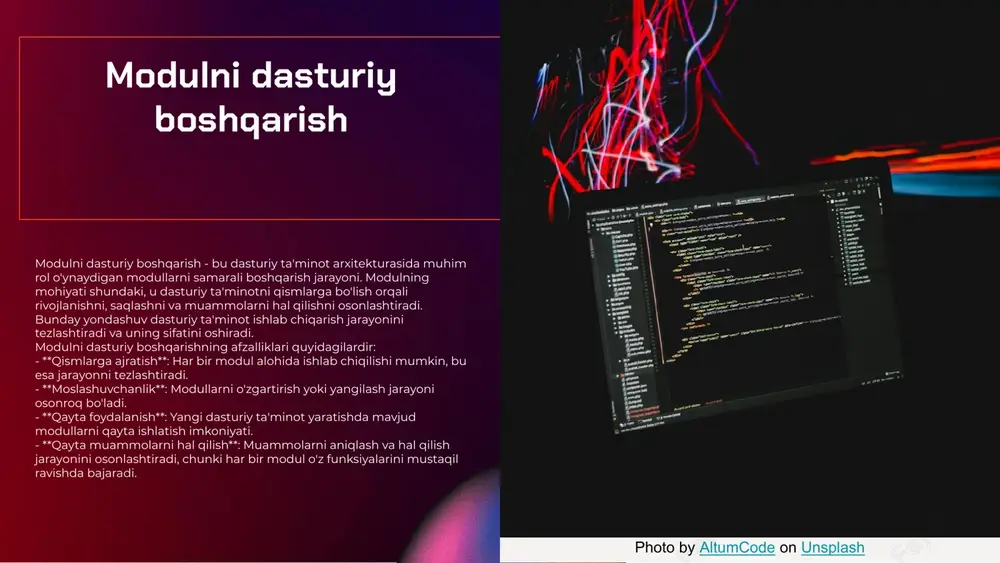 i. integratsiya orqali modullar bir-biriga bog'lanadi, bu esa umumiy tizim samaradorligini oshiradi. modullararo bog'lanish modullararo bog'lanish led segmentlarining tezligi va aniqligini ta'minlashda muhim rol o'ynaydi. har bir modul o'z vazifasini to'g'ri bajarishi uchun, ularga o'zaro aloqa va ma'lumot almashinuvi zarur. bu bog'lanishlar orqali, modullar birgalikda ishlashga qodir bo'lib, nazorat va monitoring jarayonlarini osonlashtiradi. faoliyatni ta'minlash faoliyatni ta'minlash uchun, har bir modul o'z vazifasini to'g'ri bajarishi kerak. bu, modullar o'rtasida yuqori darajada bog'lanish va aloqa o'rnatishni taqozo etadi. shuningdek, har bir modulning o'ziga xos xususiyatlari va funktsiyalari, umumiy tizimning samaradorligini oshirishga xizmat qiladi. dasturiy boshqarish tamoyillari - modullik: dasturiy ta'minotning kichik va mustaqil qismlarga bo'linganligi. har bir modul o'z vazifasini bajaradi va boshqa modullardan mustaqil ravishda ishlaydi. - qayta foydalanish: dasturiy ta'minotda bir marta yaratilgan kod yoki modullarni boshqa loyihalarda ham ishlatish imkoniyati. bu vaqtni va resurslarni tejashga yordam beradi. - kengaytiriluvchanlik: dasturiy ta'minotning yangi funksiyalarni qo'shish yoki mavjudlarini o'zgartirish imkoniyatidir. …