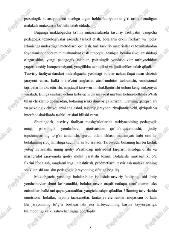 rivojlanishning zamonaviy standartlari esa tarbiyachidan rangtasvir, kompozitsiya, konstruktiv fikrlash, grafika elementlarini o‘rgatish, shuningdek, bolalarning estetik va emotsional rivojlanishiga mos ta’limiy muhit yaratishni talab qiladi. bugungi kunda tarbiyachining tasviriy faoliyat darslaridagi roli faqat pedagogik jarayonni olib borish bilan cheklanmaydi. u bolalarning estetik rivojlanishi, ijodiy tafakkuri, emotsional barqarorligi, mustaqil qaror qabul qilish qobiliyati va san’atga bo‘lgan qiziqishini shakllantiruvchi yetakchi mutaxassis sifatida maydonga chiqadi. uning kasbiy kompetensiyasi esa maktabgacha ta’lim muassasasida tasviriy faoliyatning samaradorligini, bolalarning ijodiy o‘sishini va ta’lim jarayonining sifatini belgilovchi asosiy omilga aylanadi. kurs ishining obyekti: maktabgacha ta’lim muassasalarida tasviriy faoliyatni tashkil etish jarayoni va ushbu jarayonning pedagogik xususiyatlari. kurs ishining predmeti: tarbiyachining tasviriy faoliyat darslaridagi roli, pedagogik yondashuvi va kasbiy kompetensiyasini shakllantirish omillari. kurs ishining maqsadi: tarbiyachining tasviriy faoliyat mashg‘ulotlaridagi o‘rnini, kasbiy kompetensiyasining tarkibiy jihatlarini va bolalar rivojlanishiga ko‘rsatadigan ta’sirini ilmiy-pedagogik jihatdan tahlil qilish. kurs ishining vazifalari: 1. maktabgacha ta’limda tasviriy faoliyatning pedagogik ahamiyatini o‘rganish. 2. tarbiyachining tasviriy faoliyatni tashkil …