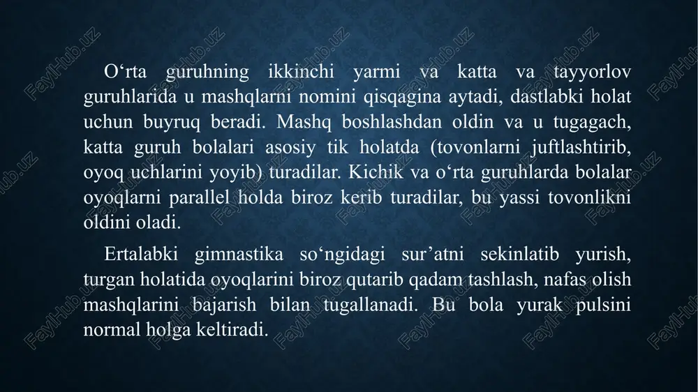 i, o‘tirgan, turgan holatda va yurganda qaddi-qomatni to‘g‘ri tutish ko‘nikmalariga o‘rgatish muhim. . bolalarning kundalik hayotida jismoniy tarbiya bo‘yicha ishlarni tashkil etish. ta’lim-tarbiya jarayonida bunday vazifalarni amalgam oshirish bilan bir qatorada o’quvchilarda ahloq normalarining tarkib topishiga shuningdek, estitik va mehnat tarbiyasi vazifalarining ham bajarilishiga erishish lozim.harakatli o’yinlarni o’tkazishda tarbiyachi o’qituvchining tashkilotchilik va tarbiyaviy roli juda ma’sulyatlidir. o’yinni o’rganish jarayonini shunday uyishtirish kerakki, unda bolalar o’rtoqlarcha munosabatda bo’lishni,kolliktivchilik, vatanparvarlik, ijtimoiy foydali mehnatga to’g’ri munosabatda bo’lishni o’rgansin. o’yinni to’g’ri tanlash va bolalar bilan to’g’ri o’tkazish juda muhim ahamiyatga ega. ammo o’yin turini tanlashning o’zi ham vaqt xam tarbiyaviy vazifani bajaravermaydi. bundan harakatli o’yinlar tashkil qilishi va o’tkazilishining tarbiyaviy ahamiyatiga ega bo’lishio juda muhim. o’yin rahbaribolalar kolliktivini yahshi bilgan har biro’tkaziladigan o’yinning mazmun va qonunlari bilan mufassal tanishgan, o’qitish jarayonida esa yuksak pedaghogik mahoratni namoyish qila olgan tadbirdagina har bir o’yinning ta’lim –tarbiya nuqtai-nazardan to’g’ri yo’lga qo’yish mumkin. yakunlovchi qismi mashg‘ulotning o‘yindan so‘nggi …