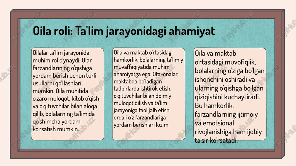 gi hamkorlikning ahamiyati oila va maktab o'rtasidagi hamkorlik, bolalarni tarbiyalash va ta'lim berish jarayonida o'zaro aloqalarni rivojlantirishni anglatadi. bu hamkorlik, oila va maktab o'rtasida ma'lumot almashish va bir-birini qo'llab-quvvatlash orqali amalga oshiriladi. ushbu hamkorlik, bolalar ta'limida muhim rol o'ynaydi, chunki oila bolalarining maktabdagi muvaffaqiyatini ta'minlashda va ularning shaxsiy rivojlanishida muhim omil hisoblanadi. oila va maktab o'rtasidagi yaxshi aloqalar bolalar uchun qulay va qo'llab-quvvatlovchi muhit yaratadi. oila va maktab o'rtasidagi uzviylikni ta'minlash zarurati, bolalarning yanada muvaffaqiyatli bo'lishi uchun muhimdir. oila va maktab birgalikda harakat qilganda, bolalar tarbiyasi va ta'limi samaraliroq bo'ladi, bu esa ularning kelajakdagi muvaffaqiyatlariga ijobiy ta'sir ko'rsatadi. hamkorlik strategiyalari oila va maktab o'rtasida samarali aloqa o'rnatish, bolalarning ta'lim jarayoniga ijobiy ta'sir ko'rsatadi. oila va maktab o'rtasidagi kommunikatsiya, bolalarning o'qish motivatsiyasini oshiradi va ularning ijtimoiy ko'nikmalarini rivojlantirishga yordam beradi. masalan, muntazam ravishda ota-onalar yig'ilishlarini o'tkazish va o'quv dasturlari haqida ma'lumot berish orqali, ota-onalar bolalarining ta'lim jarayoniga faol ishtirok etishlari ta'minlanadi. …