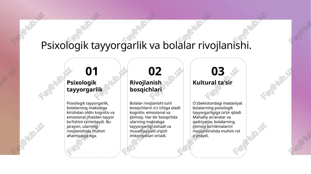 barlik qilishni o'rganadilar, bu esa maktabda muvaffaqiyat uchun zarur. maktabda kognitiv rivojlanishning o'ziga xos jihatlari. kognitiv qobiliyat maktabda bolalarning kognitiv qobiliyatlari rivojlanadi, bu esa ularning muammolarni hal qilish, tahlil qilish va mantiqiy fikrlash ko'nikmalarini oshiradi. o'quv jarayoni maktabda o'quv jarayoni bolalar uchun yangi bilimlar, ko'nikmalar va tushunchalarni o'zlashtirish imkonini beradi, bu esa ularning kognitiv rivojlanishiga xizmat qiladi. ta'lim metodlari kognitiv rivojlanishni rag'batlantirish uchun interaktiv ta'lim metodlari, o'yinlar va guruh ishlari qo'llaniladi, bu esa o'quvchilarning faol ishtirokini ta'minlaydi. maktab muhitining roli maktab muhitida o'quvchilar bir-biri bilan o'zaro muloqotda bo'lib, o'z fikrlarini ifoda etish va yangi g'oyalar bilan almashish imkoniyatiga ega bo'lishadi. kognitiv rivojlanish va ijtimoiy muhit o'rtasidagi bog'lanish. kognitiv rivojlanish kognitiv rivojlanish bolalarning fikrlash, muammolarni hal qilish va mantiqiy tafakkurini rivojlantirishga yordam beradi. bu ko'nikmalar maktabda muvaffaqiyatli o'qish uchun zarurdir. ijtimoiy muhit ijtimoiy muhit bolalarning kognitiv rivojlanishiga ta'sir qiladi, chunki ular o'zaro aloqalar orqali yangi bilimlar va ko'nikmalarni o'rganadilar. oila va …