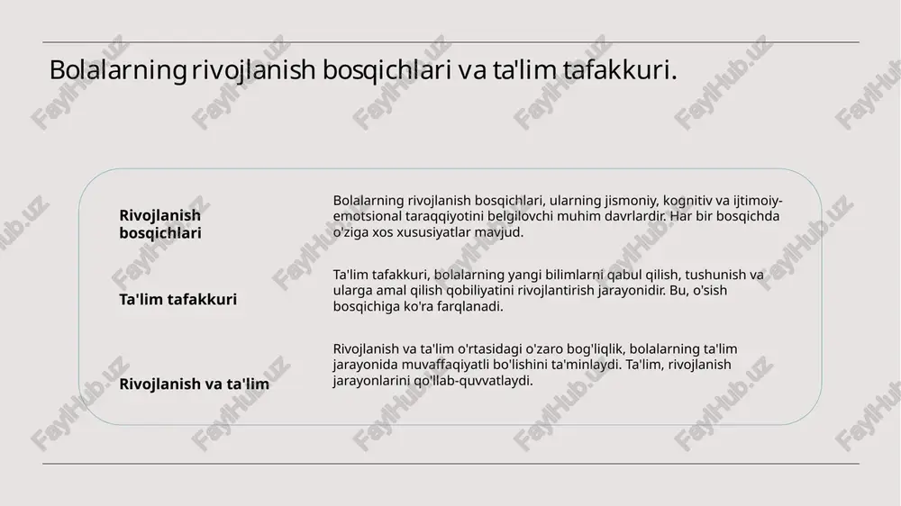 muloqot qilib, bilim olishni rag'batlantirishi kerak. ota-onalar va bolalar o'rtasidagi ochiq muloqot, bolalarning hissiy va ijtimoiy rivojlanishini qo'llab-quvvatlaydi, ularni maktab muhitiga tayyorlaydi. kognitiv rivojlanish: maktabga tayyorgarlik jarayoni. kognitiv rivojlanish o'qitish usullari rivojlanish bosqichlari kognitiv rivojlanish - bolalarning fikrlash, muammolarni hal qilish va qaror qabul qilish qobiliyatlarini shakllantirish jarayonidir. bu, maktabga tayyorlanishda muhimdir. maktabga tayyorgarlik jarayonida interaktiv o‘qitish usullari, masalan, o’yin va guruh ishlari, bolalarning kognitiv rivojlanishini tezlashtiradi. bolalarning kognitiv rivojlanish bosqichlari, masalan, sensorik, preoperatsion va konkret operatsion bosqichlar, o‘qishga tayyorgarlikda asosiy ahamiyatga ega. ijtimoiy ko'nikmalar: bolalarni maktabga tayyorlashda muhim omil. 1 ijtimoiy ko'nikmalar tahlili ijtimoiy ko'nikmalar, bolalarning boshqalar bilan muloqot qilish, hamkorlik va turli vaziyatlarga moslashuvchanlik kabi qobiliyatlarini rivojlantiradi. 2 maktabga tayyorgarlik maktabga tayyorgarlik jarayonida ijtimoiy ko'nikmalar bolalarga yangi muhitda o'zlarini erkin his qilish va do'stlar orttirishga yordam beradi. 3 ota-onalar roli ota-onalar, bolalarning ijtimoiy ko'nikmalarini rivojlantirishda muhim rol o'ynaydi, ularni turli ijtimoiy muhitlarga jalb qilish orqali qo'llab-quvvatlashlari lozim. 4 …