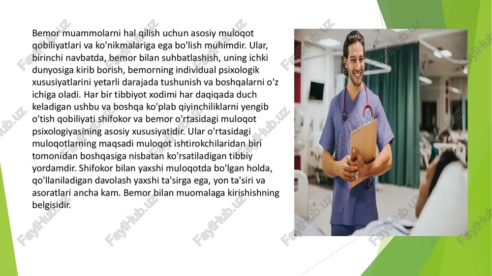 hvishli yoki qo'rqishlari mumkin. sizning xatti-harakatlaringiz bemorning kayfiyatiga ta'sir qiladi, shuning uchun tinch va xotirjam bo'lish muhimdir. •muloqotda ovozingizni past tuting, bemorlarning diqqatini jalb qilish va ularni tinchlantirish uchun. 3. aloqani qisqa va aniq saqlash •bemorlarning jismoniy va ruhiy holatlari cheklangan bo'lishi mumkin, shuning uchun muloqot qisqa va aniq bo'lishi kerak. •imloviy savollar berishdan, keraksiz gaplardan saqlaning. bemorni charchatmaslik uchun oddiy va to'g'ri so'zlar ishlating. 4. bemorning fikrlarini tinglash •bemorga uni tinglayotganingizni ko'rsatish juda muhim. bemorning fikr va hissiyotlarini hurmat qilish, uning so'zlariga e'tibor qaratish bemorga yordam beradi. •agar bemor noaniq yoki cheklangan tarzda ifodalanayotgan bo'lsa, ularni tushunishga harakat qiling va kerak bo'lsa, ularning so'zlarini takrorlang. 5. shaxsiy joy va xususiylikni hurmat qilish •bemorning xususiy hududini va shaxsiyati o'zgaruvchan holatini hurmat qiling. agar ular o'zlarining shaxsiy masalalarini yoki og'ir ahvolini oshkor qilishni istamasalar, ularni majburlamang. 6. pozitivlik va umid berish •bemorning holati qanchalik og'ir bo'lishidan qat'i nazar, ijobiy so'zlar va …