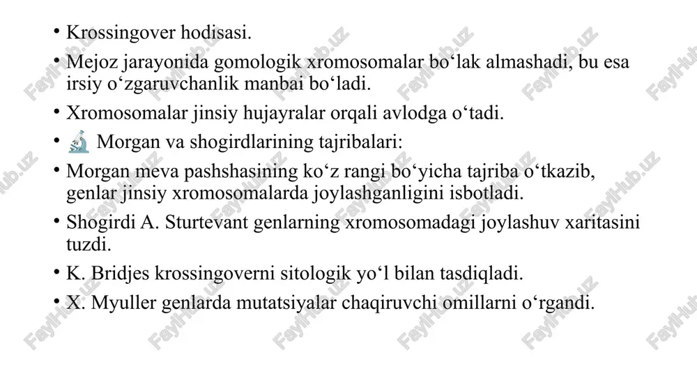 xromosomada joylashgan. erkaklarda (xy) bitta x bor, shuning uchun bu genlar to‘liq ifodalanadi. urg‘ochilarda (xx) esa gen ta’siri recessiv bo‘lishi mumkin. misollar: 🔸 daltonizm – ranglarni ajrata olmaslik. 🔸 gemofiliya – qon ivishining buzilishi. 🔸 mushuklarda to‘q sariq rangli jun – x-xromosomaga bog‘liq belgi. 2. y-xromosomaga bog‘liq belgilar faqat erkaklarda uchraydi, chunki faqat ularda y xromosoma mavjud. bu belgilar avloddan avlodga erkaklar orqali o‘tadi. misollar: 🔹 y xromosomadagi sry geni – erkak jinsini aniqlaydi. 🔹 ba’zi holatlarda soch to‘kilishi (erkak tipida) y xromosomaga bog‘liq bo‘lishi mumkin. x-xromosomaga bog‘liq belgilar 1. x-xromosomaga bog‘liq belgilar — bu x jinsiy xromosomada joylashgan genlar bilan boshqariladigan belgilar yoki kasalliklardir. bu genlar autosomalarda emas, balki x xromosomada joylashgani uchun irsiylanish o‘ziga xos tarzda kechadi. 2. x-xromosomali irsiylanishning xususiyatlari: erkaklarda (xy) faqat bitta x xromosoma mavjud, shuning uchun undagi gen to‘liq namoyon bo‘ladi (hatto u recessiv bo‘lsa ham). urg‘ochilarda (xx) esa bitta gen sog‘lom bo‘lsa, u …
