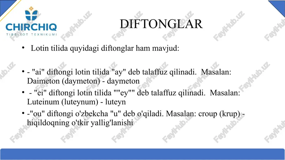 ik qoidalari 2. b, c, d, g, p, t harflarini birortasi bilan "i" yoki "r" harflari birikib kelsa, ular oldida turgan boʻg'in qisqa boʻladi: án-hy-drus - suvsiz vér-tě -bra - umurtqa qisqalik qoidalari 3. ph, rh, th digraflari oldida turgan unli qisqa bo'ladi. cho-le-dö-chus - o'tga oid; tanaga oid so'zlar acromion-akromion brachium-yelka canalis-kanal cingulum-belbog' kamar clavicula-o‘mrov coccyx-dum costa-qovurg‘a dens-tish scapula-kurak suyagi ulna-tirsak suyagi fissura-yoriq foramen-teshik fossal-choʻzinchoq chuqur foveal-dumaloq chuqur hiatus-tirqish humerus-yelka suyagi incisura-o'yma mandibula-pastki jag' maxilla-yuqori jag membrum-qism, mucha, a'zo radius-bilak suyagi e'tiboringiz uchun tashakkur image1.jpg image2.jpg image3.jpg /docprops/thumbnail.jpeg