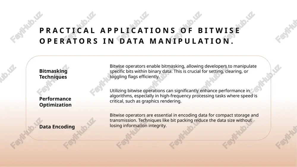 ations bitwise operators work directly on binary data, manipulating individual bits for tasks like masking and shifting. they are crucial for low-level programming efficiency. 2 arithmetic operations arithmetic operators, such as addition and multiplication, perform calculations on numerical values. they are essential for everyday mathematical operations in programming. 3 performance comparison bitwise operations are generally faster than arithmetic due to their direct manipulation of bits. this speed is vital in performance-critical applications like graphics and encryption. 4 use cases bitwise operators are ideal for tasks like setting flags or toggling states, while arithmetic operators simplify calculations in algorithms, making them both indispensable in programming. real-world examples of binary data manipulation using bitwise logic. 1 image processing - bitwise operations are extensively used in image processing for tasks like masking and filtering, enabling efficient pixel manipulation based on binary data. 2 network protocols - in network protocols, bitwise logic facilitates ip …