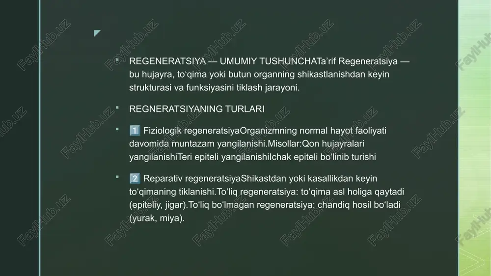 iklash jarayonidir. bu jarayon angiogenez (yangi qon tomir hosil bo‘lishi) va limfangiogenez (yangi limfa tomir hosil bo‘lishi) orqali amalga oshadi. 2. regeneratsiya turlari 1. to‘liq regeneratsiya tomir devori va endotel hujayralari normal strukturasini tiklaydi. misol: kichik kapillyarlar shikastlanganidan keyin endotel hujayralarining ko‘payishi bilan tiklanadi. z 3. molekulyar mexanizmlar endoteliy hujayralari proliferatsiyasi – jarohat atrofidagi sog‘lom endotel hujayralari bo‘linadi. vegf (vascular endothelial growth factor) – yangi qon tomirlarini hosil qiladi. fgf (fibroblast growth factor) – kapillyarlarni shakllanishiga yordam beradi. integrinlar – endotel hujayralarining ekstratsellyular matritsa bilan bog‘lanishini ta’minlaydi. 4. jarayon bosqichlari 1. shikastlanish va tromb hosil bo‘lishi – qon quyilishi va tromb formalanadi. 2. inflammatsiya – makrofaglar va limfotsitlar jarayonni boshqaradi. 3. endoteliy proliferatsiyasi – yangi kapillyarlar hosil bo‘ladi. 4. tomir kanallarining shakllanishi – yangi kapillyar tarmog‘i hosil bo‘ladi. 5. maturatsiya va remodelatsiya – tomir devorlari mustahkamlanadi, ba’zan fibroz qatlami hosil bo‘ladi. 5. limfa tomirlari regeneratsiyasi lymphangiogenez – limfa hujayralari ko‘payishi …