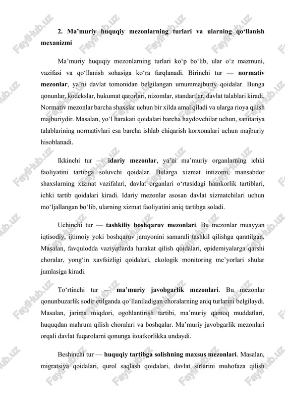 uqiy hujjatlar orqali belgilanadi, so‘ng uni amalga oshirish uchun davlat organlariga vakolat beriladi. davlat organlari bu mezonlarni amaliyotda qo‘llash jarayonida tegishli qarorlar qabul qiladi, rasmiylashtiradi, zarur hollarda chora ko‘radi, profilaktik tadbirlar o‘tkazadi, ma’muriy jarimalar yozadi, davlat nazoratini amalga oshiradi, ma’muriy ish yuritishni boshlaydi, huquqbuzarlik faktlarini tasdiqlash yoki rad etish bo‘yicha hujjatlar tayyorlaydi. mezonga rioya qilinmasa, ma’muriy javobgarlik choralarini qo‘llash mexanizmi ishga tushadi. ma’muriy huquqiy mezonlarning qo‘llanishi butun boshqaruv tizimining izchilligini ta’minlaydi. ularning qo‘llanilishida qonuniylik, adolat, maqsadga muvofiqlik va insonparvarlik tamoyillari ustuvor hisoblanadi. 3. ma’muriy huquqiy mezonlarning amaliyotdagi o‘rni, samaradorligi va rivojlanish tendensiyalari ma’muriy huquqiy mezonlar amaliyotda juda keng qo‘llanadi. jamoat tartibini saqlash, yo‘l harakati xavfsizligini ta’minlash, ekologiya sohasida nazorat o‘rnatish, sanitariya qoidalariga rioya etilishini ta’minlash, tadbirkorlik subyektlari faoliyatini nazorat qilish, soliq, bojxona, migratsiya jarayonlarini boshqarish, davlat organlarining o‘zaro aloqalarini tartibga solish va boshqa ko‘plab sohalar ma’muriy huquqiy mezonlar asosida faoliyat yuritadi. bu mezonlar amaliy boshqaruv jarayonini soddalashtiradi, tartibga soladi, huquqiy …