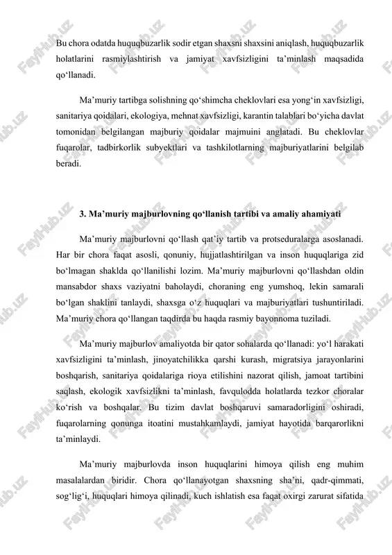 muriy chora ustidan sudga yoki yuqori turuvchi organlarga shikoyat qilish huquqi kafolatlangan. amaliy jihatdan ma’muriy majburlov davlat organlari uchun tartib-intizomni saqlashda samarali vosita hisoblanadi. masalan, yo‘l patrul xizmati tomonidan jarima undirilishi yoki qoidabuzar haydovchini vaqtincha ushlab turish yo‘l-transport hodisalarining kamayishiga xizmat qiladi. sanitariya qoidalariga rioya etilmaganda qo‘llanadigan ma’muriy jarimalar jamoat salomatligini himoya qiladi. ekologik sohada esa tabiiy resurslardan foydalanish qoidalariga amal qilishga majburiy ta’sir ko‘rsatadi. shuningdek, ma’muriy majburlov favqulodda vaziyatlarda — yong‘in, suv toshqini, texnogen avariyalar, epidemiyalar vaqtida ham qo‘llanadi. bunday holatlarda odamlarni xavfsiz hududga ko‘chirish, karantin joriy etish, harakatlanishni cheklash kabi choralar fuqarolar hayotini saqlab qolish uchun zarur bo‘ladi. xulosa ma’muriy majburlov davlat boshqaruvining muhim mexanizmlaridan biri bo‘lib, jamiyatda qonuniylik, tartib-intizom va xavfsizlikni ta’minlashda katta ahamiyatga ega. u huquqbuzarliklarning oldini olish, davlat organlarining samarali faoliyat yuritishini ta’minlash va fuqarolar huquqlarini himoya qilishga xizmat qiladi. ma’muriy majburlov choralari turli sohalarda qo‘llanilib, davlat boshqaruvi tizimining barqarorligi va izchilligini mustahkamlaydi. chora qo‘llashda …