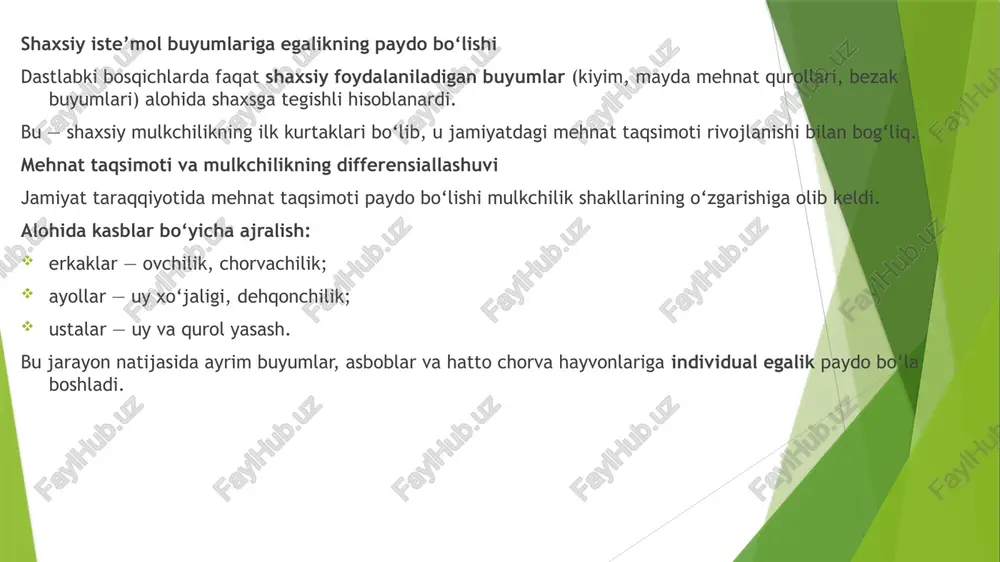 y mulk, bozor erkinligi, erkin mehnat va kapital to‘planishi asosida shakllangan yangi iqtisodiy tizim egalladi. kapitalistik jamiyatda mulk — iqtisodiyotning asosiy tayanchi va bozor mexanizmining harakatlantiruvchi kuchi sifatida maydonga chiqdi. mehnatning erkin bozorga aylanishi;feodal tizimda dehqonlar yerga bog‘langan bo‘lsa, kapitalizm davrida ular erkin yollanma mehnatga aylanadi. bu jarayonning natijalari: mehnat bozorining paydo bo‘lishi; ishchi kuchining sotilishi (mehnat – tovar sifatida); ish beruvchi va ishchi o‘rtasida shartnomaviy munosabatlarning shakllanishi. kapitalning to‘planishi va sanoat inqilobi kapitalizmning shakllanishida kapital to‘planishi (kapital akkumulatsiyasi) hal qiluvchi rol o‘ynadi. kapital to‘planishining asoslari: savdo va mustamlakachilikdan kelgan daromad; ishlab chiqarishning kengayishi; bank tizimining rivojlanishi; foydaning qayta investitsiya qilinishi. natija: sanoat inqilobi xviii–xix asrlarda yevropada texnika taraqqiyoti ulkan zavodlar, fabrikalar, mashinalar paydo bo‘lishiga olib keldi. bu esa mulkning kapital shaklida to‘planishini kuchaytirdi. savdo-kredit tizimining rivojlanishi kapitalizmda moliya sektori beqiyos rivojlandi: banklar kredit tashkilotlari sug‘urta kompaniyalari birjalar (fond birjasi, tovar birjasi) mulkning endi faqat moddiy shaklda emas, moliyaviy shaklda …