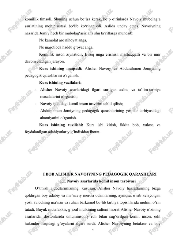 lisher navoiy ijodining negizida inson, uning maʼnaviy dunyosi, chin inson qiyofasi, insonlarni vatanni sevishga, xalqning dardi bilan yashashga daʼvat etib hech qachon oʼz ahamiyatini yoʼqotmaydi. aksincha, nohaqlikning ustidan adolat, yovuzlikning ustidan ezgulik gʼalaba qilishida qayta qayta tarbiya vositasi boʼlib, komillikka erishish uchun yoʼl koʼrsatuvchi boʼlib xizmat qiladi. odami ersang, demagil odami, onikim yoʼq xalq gʼamidin gʼami degan hikmatli baytlari «xamsa» ning birinchi dostoni «hayratul abror»dan joy olgan va shu dostonning asosiy gʼoyasini belgilaydi. ana shu birgina bayt orqali, ikki misraga juda katta maʼnoni singdirib, yaʼni xalqning gʼami bilan ishi yoʼq, faqat oʼz manfaatini oʼylab ish tutadigan, xudbin insonni inson demagilki, u komil inson emasdir deyiladi. chin maʼnodagi inson faqat oʼzini emas oʼzgalarni ham oʼyladi, faqat moddiy dunyo yigʼish, yoki soxta obroʼga erishish emas, xalqqa xizmat qilishi uning odamiyligining qay darajada ekanligini belgilaydi deydi ushbu baytida. bu esa kishilarni insonparvarlikka, odamiylikka, xalqparvarlik singari ezguliklarga chorlaydi. shu bois ham mutaffakir bobomizning asarlari …