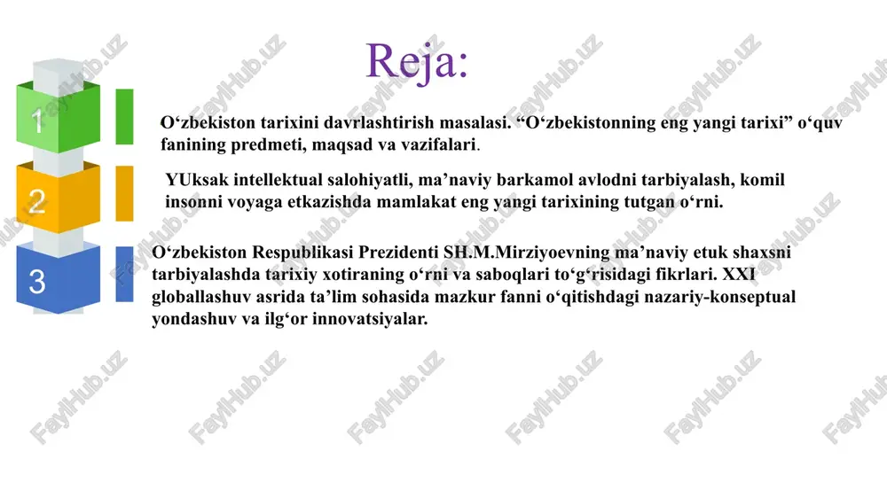h rasmda maqsadni ikonalar bilan ifodalash mumkin: kitob → bilim, odam silueti → milliy o‘zlik, vaqt belgisi → tizimlilik vazifalari 1. eng yangi tarix voqealarini o‘rganish 2. siyosiy va iqtisodiy jarayonlarni tahlil qilish 3. tarixiy manbalar bilan ishlash 4. milliy o‘zlikni shakllantirish rasmda har bir vazifani ikonka yoki rangli bloklar bilan ajratib ko‘rsatish mumkin, bu rasmga ko‘proq tushunarlilik beradi “o‘zbekistonning eng yangi tarixi” fanining predmeti, maqsadi va vazifalari o‘zbekistonning eng yangi tarixi 1 o‘zbekistonning eng yangi tarixi xx asr 80-yillari o‘rtalarida respublika ijtimoiy-siyosiy, iqtisodiy va ma’naviy hayotidagi inqirozli holat o‘zbekistonning eng yangi tarixi 2 mustaqillik yillarida davlat boshqaruvi, ijtimoiy-iqtisodiy, siyosiy va ma’naviy sohalardagi islohotlar «tarixiy xotirasiz kelajak yo‘q»-nomli risolasida i. karimov ta’kidlaydiki, «biz komil inson tarbiyasini davlat siyosatining ustuvor sohasi deb e’lon qilganmiz. komil inson deganda biz, avvalo ongi yuksak, mustaqil fikrlay oladigan, hulq-atvori bilan o‘zgalarga ibrat bo‘ladigan bilimli, ma’rifatli kishilarni tushunamiz. ” ularning sabablari va oqibatlarini; 1 atrofida sodir …