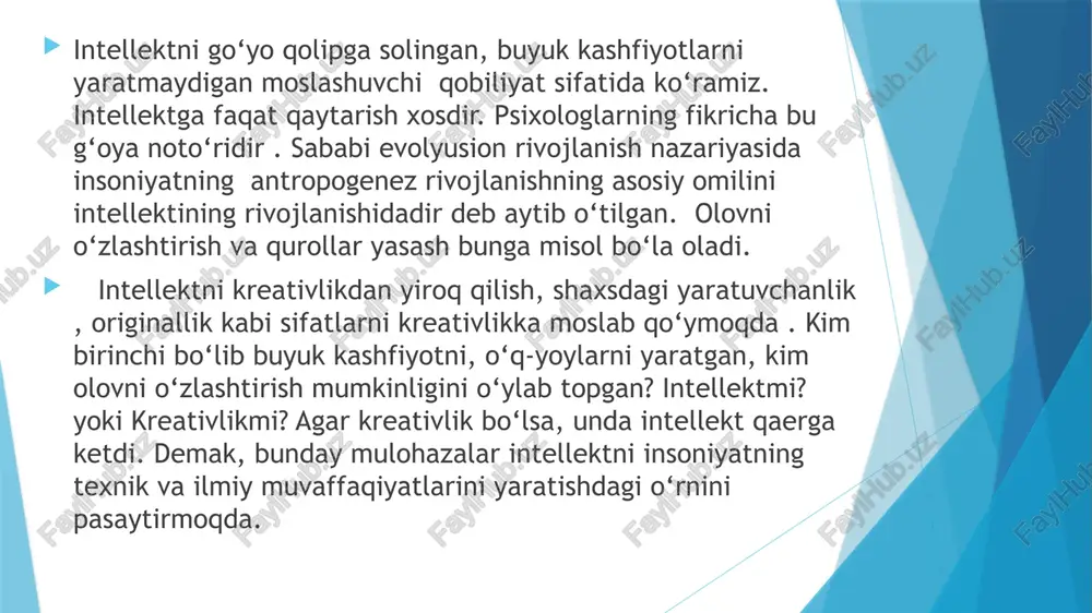 biz intellekt so‘zini talaffuz qilishimiz bilan uni testlar orqali o‘lchashni ko‘z oldimizga keltiramiz. lekin mana shu teslar qanchalik haqiqatga yaqin. biz ularga qay darajada ishonishimiz mukin. bu ko‘rinishdagi testlarning savollari barcha qatlam vakillarining turmush sharitini hisobga olmaganligini kuzatishimiz mumkin. hattoki, alfred bine ham o‘zi kashf etkan intellekt testlarini tahlili ustida ishlash kerakligini aytib o‘tgan. sababi, bu teslarning natijasi haqiqatdan uzoq bo‘lishini aniqlagan. intellekt va kreativlik haqida olimlarning istalgan fikrlaridan birontasini yozing va izoh bering mavzu yuzasidan adabiyotlar ro‘yhati: karimov i.a. «barkamol avlod - o‘zbekiston taraqqiyotining poydevori».t., 1997, 64 b. o‘zbekiston respublikasining “ta’lim to‘g‘risidagi qonuni”, t., 1997. karimov i.a. o‘zbekistonda demoqratik o‘zgarishlarni yanada chuqurlashtirish va fuqarolik jamiyati asoslarini shakllantirishning asosiy yo‘nalishlari.- “turkiston”, 2002 yil 31 avgust g‘oziev e.g. umumiy psixologiya. toshkent. 2002.1-2 kitob. g.yugay, n.mirashirova “obshaya psixologiya” – tashkent 2014g e’tiboringiz uchun raxmat ! image1.jpeg image2.jpeg image3.jpeg image4.jpeg image5.jpeg image6.jpg image7.gif /docprops/thumbnail.jpeg