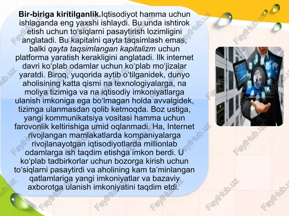 lsizligi – insonning asosiy huquqi va erkin jamiyatning negizidir. internet paydo bo‘lgandan keyingi oxirgi yigirma yil davomida davlat miqyosida ham, xususiy sektorda ham ma’lumotlar markaziy to‘plamlari xususiy shaxslar va tashkilotlar haqida, jumladan, ularga ma’lum bo‘lmagan holda, xilma-xil maxfiy axborotlar to‘plagan. hamma joyda odamlar korporatsiyalar axborot izlash asnosida butun raqamli dunyoni titib tashlagan holda qandaydir kiberklonlar yaratishidan xavfsiraydi. internet tarmog‘idagi firibgarlik turlari va ularni aniqlash yo‘llari internetda firibgarlik (elektron firibgarlik) internetdan foydalangan firibgarlik turi hisoblanadi. ushbu firibgarlik turi jabrlanuvchilardan pul, mulk va merosni undirish maqsadida ma’lumotlarni yashirish yoki noto‘g‘ri ma’lumotlarni taqdim etishni o‘z ichiga olishi mumkin. internetdagi firibgarlik alohida jinoyat hisoblanmaydi, ammo kiberolamda amalga oshirilgan bir qator noqonuniy xatti- harakatlarni o‘z ichiga oladi. biroq bu o‘g‘rilikdan farq qiladi, chunki bu holda jabrlanuvchi o‘z xohishi bilan va bila turib jinoyatchini ma’lumot, pul yoki mulk bilan ta’minlaydi4. shuningdek, internet tarmog‘idagi firibgarlik vaqt va makonda ajratilgan huquqbuzarlarni o‘z ichiga olganligi bilan ajralib turadi. fishing …