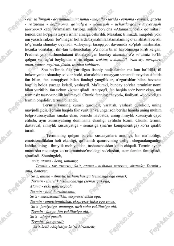 axsus leksika» bo‘lsa, «keng ma’noda umurniy lug‘at tarkibining ayrim sohalarda ishlatiladigan qismidir» (s.f.akobirov). terminlarni qo‘llashda ma’lum kamchiliklar sodir bo‘layotgan ekan, buning sabablari ham mavjuddir: 1. nutq muallifi terminning tub ma’nosini to‘g‘ri anglab yetmaydi. natijada, uni mantiqan mos kelmaydigan so‘zlar bilan biriktiradi va jumla tuzadi. uningcha, termin to‘g‘ri ishlatilganday tuyuladi. masalan: uning sochlaridan kelayotgan juda ingichka bir hindiy mushk isi boshimni aylantiradi, gapida ingichka so‘zi o‘rinsiz ishlatilgan. 2. muallif o‘z nutqiga jiddiy e’tibor bermaydi, uni kuzatmaydi, unga baho bermaydi. natijada terminlar pala - partish ishlatilib yuboriladi. ba’zan esa ongli ravishda rnavjud terminlami yaxshi bilgani holda an’anaviy qo‘llanilib kelinayotgan, hamma uchun tushunarli bo‘lgan terminlardan voz kechib, o'zini shu fanning bilimdoni qilib ko‘rsatish maqsadida hech kim uchun tushunarli bo‘lmagan, qo‘llanilishi o‘zini oqlash - oqlamasligi hali noma’lum bodgan terminlami qo‘llash hollari ham uchraydi. bu bilan nutq muallifi o‘zini go‘yo «yangi narsa» aytgan hisoblaydi. 3. tilni chuqur bilmasak, uning sintaktik va semantik imkoniyatlarini egallamaslik natijasida …