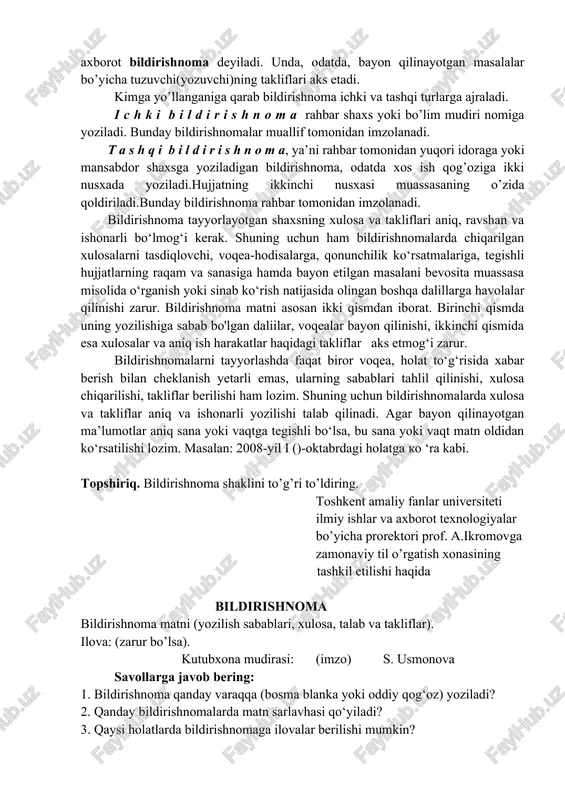 erga berilganligi yoziladi. masalan: ≪uy-joydan foydalanish boshqarmasiga taqdim etish uchun berildi≫ kabi. asosiy matnda shaxs haqida barcha ma’lumotlar aniq nisbatdagi hozirgi-kelasi zamon fe’l shakli orqali ifodaianishi lozim (ishlaydi, yashaydi, o‘qiydi kabi). topshiriq. ma’lumotnoma matnini o’qing va ma’lumotnoma turini aniqlang. tafu ma’naviy va axloqiy tarbiya ishlari bo’yicha prorektor m.h karaxodjayevaga yotoqxonada yashovchi talabalardan tushgan shikoyatlar haqida m a’ l u m o t n o m a 2022-2023 o’quv yilining ikkinchi yarmida talabalar turar joyida yashovchi 324 ta talabadan 56 ta atiza va shikoyat tushdi. bulardan 34 tasi ariza va 12 tasi shikoyat hisoblanadi. arizalar moddiy ehtiyoj hisoblangan narsa va turli jihozlar berilishini so’rab yozilgan bo’lib, bu ehtiyojlar o’z vaqtida qondirilgan. shikoyatlardan 10 tasi ko’rib chiqilgan, 2 tasi ko’rish jarayonidadir. shikoyatlar yotoqxona nizomi qonun-qoidalariga muvofiq tarzda ko’rib chiqilgan. «kamolot» yoshlar ijtimoiy harakati shu’ba raisi (imzo) b. mahkamov b i l d i r i s h n o m a muayyan …