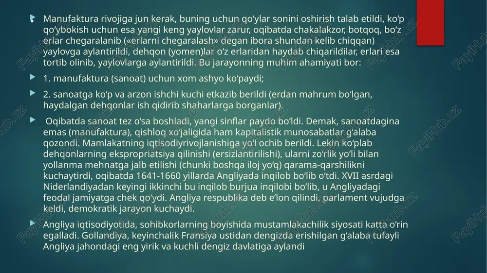 dan keyin kuchaygan ingliz tadbirkorlar mafkurachisi sifatida tanildi. u tadbirkorlar mulkini, ya’ni xususiymulkni «muqaddas» va «daxlsiz» deb bildi va uni turlicha yo‘llar bilan himoya qildi. ish haqini cheklash tarafdori sifatida ishchilarga fizik jihatdan minimum haq to‘lash va shu bilan birga yangi sinfning boyishiga yordam berishni qo‘lladi . v.petti kapitalga soliq solishga qarshi edi, chunki bu ishlab chiqarishni cheklashi mumkin edi. shu bilan birga u mehnatkashlarning daromadlaridan soliq olish tarafdori edi. u iqtisodiymuammolarga bag‘ishlangan «soliqlar va yig‘imlar to‘g‘risida risola» (1662y.), «so‘z donishmandlarga» (1665y.), «irlandiyaning siyosiyanatomiyasi» (1672y.), «siyosiyarifmetika» (1683y.) va boshqa shu kabi asarlarni yozdi. v.petti xvii asrdagi eng taniqli shaxslar qatoridan o‘rin oladi v.petti tadqiqot predmeti sifatida ishlab chiqarish sohasini oldi. uning fikricha, boylik paydo bo‘lishi va ko‘payishi faqat moddiyne’matlar yaratish sohasida ro‘yberadi, bu jarayon savdo va savdo kapitalining hech qandayishtirokisiz bo‘ladi. olimning tadqiqot usulida empirizm elementlari (unsurlari) bo‘lishiga qaramasdan (bu masalan, er bahosini talqin etishda ko‘rinadi), davlatning iqtisodiyfaoliyatga aralashuvini qisman …