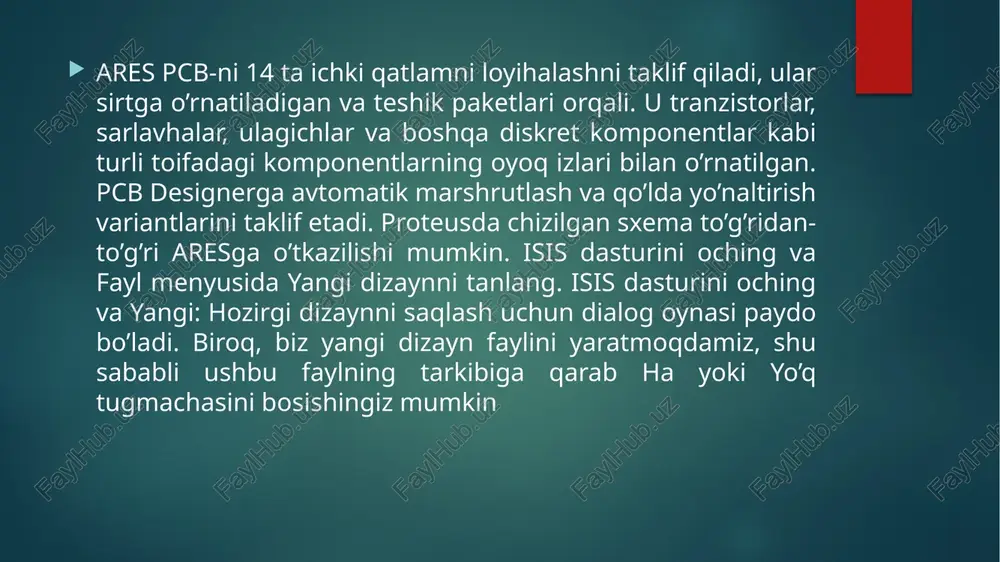 ulanish yorlig'i . tugma bosilganda siz istalgan simga nom berishingiz mumkin. bu simlarni aniq ishlatmasdan, alohida komponent pinlari va sxemalarini ramziy ravishda ulash imkonini beradi, bu ko'pincha loyihalashtirilayotgan sxemaning vizual ko'rinishini yaxshilaydi. matn skripti . ushbu tugmani bosish tahrirlash oynasidagi sxemaning istalgan joyiga matn kiritish imkonini beradi. qurilmalarni loyihalashda sharhlar yaratish uchun foydalidir. kompyuter fanida borasosiy mantiqiy eshiklar (shlyuzlar) and, or, no, va ularning birlashgan variantlari, masalan, va-emas, nor-not va xor. bu eshiklar asosiy mantiqiy operatsiyalarni amalga oshiradi: konyunksiya, disjunksiya, inkor va boshqalar.. asosiy mantiqiy elementlar: va: agar barcha kirishlar bitta bo'lsa, bitta chiqishni ishlab chiqaradi. bu mantiqiy ko'paytirish . yoki: agar kamida bitta kirish bitta bo'lsa, bittani chiqaradi. agar barcha kirishlar nolga teng bo'lsa, chiqish nolga teng bo'ladi. emas: kirish signalini o'zgartiradi. agar kirish 0 bo'lsa, chiqish 1 bo'ladi; agar kirish 1 bo'lsa, chiqish 0 bo'ladi. birlashtirilgan mantiqiy elementlar: nand: bu and darvozasi, undan keyin invertor. barcha kirishlar 1 …