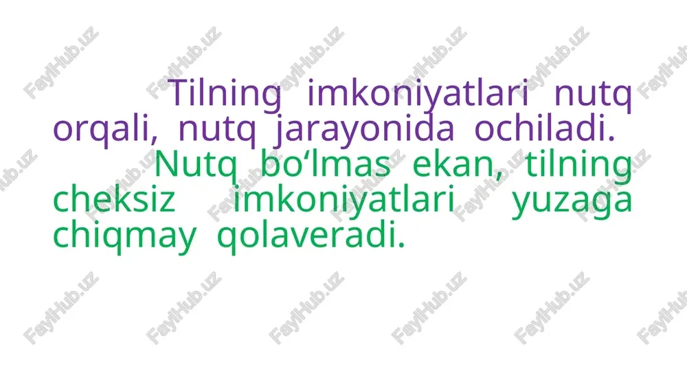 apirish aqli noqislik belgisidir. oz bo’lsa ham, ammo soz gapirishni shior etsin. xulosa respublikamizning «davlat tili haqida»gi, «ta’lim to‘g‘risida»gi qonunlarida, «kadrlar tayyorlash bo‘yicha milliy dasturi» va boshqa juda ko‘plab hujjatlarida ma’naviy-ma’rifiy tarbiyaga, til masalalariga alohida ahamiyat beriladi. jamiyatimizning har bir a’zosi, har bir mutaxassis zamon bilan hamqadam bo‘lishi, eng avvalo, o‘z ona tilining sadoqatli sohibi bo‘lmog‘i lozim. til jamiyat bilan, uning ma’naviyati, ma’rifati va madaniyati bilan birgalikda yuksaladi. /docprops/thumbnail.jpeg