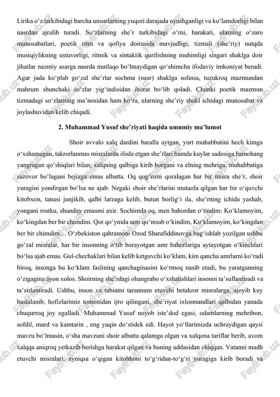 ko‘zga tashlanadi. ko‘pincha kichik hajmli she’rlarning qolgan qismi eng so‘nggi bir yoki ikki qatorda aytilgan fikr uchun tayyorgarlik vazifasini o‘taganday bo‘ladi. lirikaning badiiy nutq sohasidagi uslubiy asoslari: monologizm, ritorika hamda tizma shakldan iboratdir. lirik asarlarning asosiy qismi lirik qahramon monologi tarzida qurilgani uchun unda bayonchi-roviy nutqi ham, personaj nutqi ham kamdan kam uchraydi, binobarin, ularning nutqiy xarakteristikasiga zaruriyat sezilmaydi. ammo ayrim lirik asarlar dialog shakliga qurilgan bo‘lishi mumkinligini ham hisobga olish kerak. odatda, lirik nutq hissiy ko‘tarinkiligi bilan ajralib turadi hamda unda istiora, majoz va sintaktik figuralar ko‘pligi ko‘zga tashlanadi. gassetning: “poeziya majozning oliy matematikasidir. odamdagi ega bo‘lish uchun emas, balki bekitib qo‘yish uchun bir narsani boshqasi bilan almashtirishga bo‘lgan ehtiyoj chindan ham hayratlanarlidir. majoz bir narsani boshqasi bilan niqoblagan holda juda chaqqon yashiradi; agar ortida odamga xos reallikdan qochish instinkti turmaganda, majozning hech qanday ma’nosi qolmagan bo‘lardi”, – degan fikrida lirikaga xos majoziylik zamirida jo‘nlikdan qochish, obrazli fikrlashga intilish …