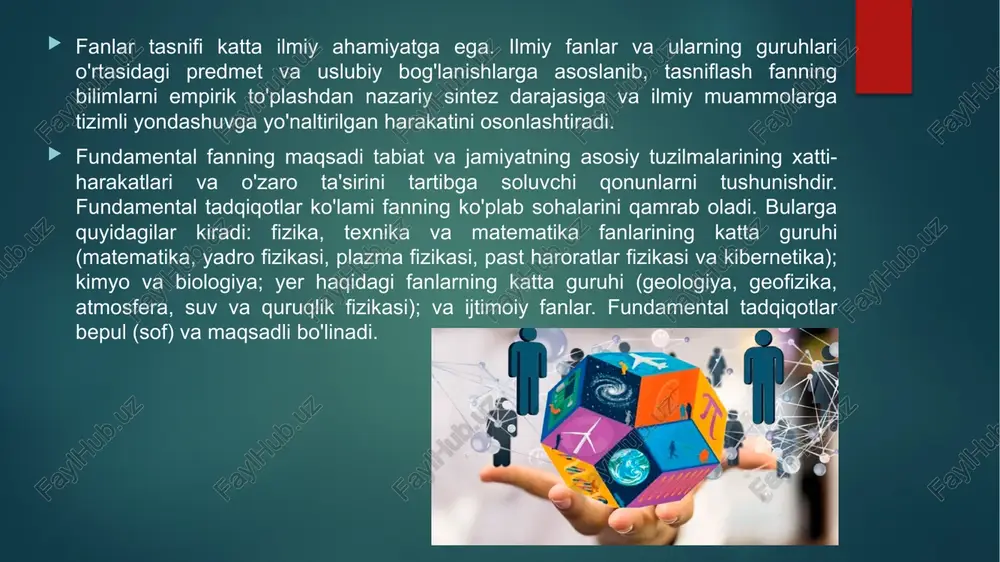 ajriba orqali idrok etilgan ob'ektdir. fanning ikkinchi xususiyati bilimning empirik xususiyatidir. kuzatish, tajriba va o'lchash bilimlarni olish va tasdiqlashning asosiy usullari hisoblanadi. shuning uchun ilmiy tajribalar takrorlanuvchan va takrorlanadigan bo'lishi kerak. tajriba istalgan vaqtda va istalgan joyda takrorlanishi mumkin va uning natijalari o'zgarishsiz qoladi. ilmiy natija uni kim olganiga bog'liq emas. ilmiy bilimlarning asosliligi, ishonchliligi va universalligi haqidagi fanning klassik modelining uchinchi postulati sub’ektlararolik tamoyili deb ataladi. ushbu printsipga ko'ra, ilmiy bayonot qanchalik kam sub'ektiv hissalarni o'z ichiga olsa, shunchalik ishonchli bo'ladi. ilmiylik mezonlari - ob'ektivlik, haqiqat, intersub'yektivlik, universallik, takrorlanuvchanlik, ishonchlilik va empirik asoslilik - fanning klassik modeliga xosdir. bu o'ziga xos ideal model bo'lib, fanning haqiqiy tarixida hech qanday nazariy konstruktsiya bilan to'liq mos kelishi dargumon. zamonaviy yevropa fanining asoschilari — g. galiley, i. kepler, f. bekon va r. dekart - xudoning kalomini tinglash orqali emas, balki tajriba yoki kognitiv sub'ektning nazariy faoliyati orqali erishish mumkin bo'lgan yangi haqiqatni …