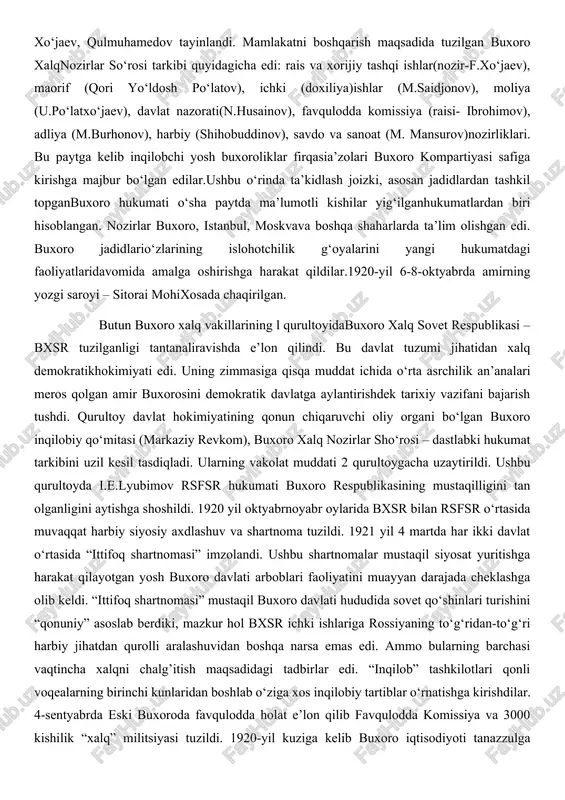 hartnomalar mustaqil siyosat yuritishga harakat qilayotgan yosh buxoro davlati arboblari faoliyatini muayyan darajada cheklashga olib keldi. “ittifoq shartnomasi” mustaqil buxoro davlati hududida sovet qo‘shinlari turishini “qonuniy” asoslab berdiki, mazkur hol bxsr ichki ishlariga rossiyaning to‘g‘ridan-to‘g‘ri harbiy jihatdan qurolli aralashuvidan boshqa narsa emas edi. ammo bularning barchasi vaqtincha xalqni chalg’itish maqsadidagi tadbirlar edi. “inqilob” tashkilotlari qonli voqealarning birinchi kunlaridan boshlab o‘ziga xos inqilobiy tartiblar o‘rnatishga kirishdilar. 4-sentyabrda eski buxoroda favqulodda holat e’lon qilib favqulodda komissiya va 3000 kishilik “xalq” militsiyasi tuzildi. 1920-yil kuziga kelib buxoro iqtisodiyoti tanazzulga uchragan va xalqning turmush darajasi ancha pastga tushib ketgan edi. buxoro hukumati oldida turgan eng asosiy vazifalardan biri ersuv masalasini hal qilish edi. 1920- yil 30-sentyabrda buxoro markaziy revkomi “er to‘g‘risida”gi dekretni qabul qildi. dekretga muvofiq, sobiq amir, uning qarindoshlari va amaldorlari qo‘lidagi butun er-mulk kambag‘al va ersiz dehqonlarga berilishi kerak edi. shuningdek, dekretga ko‘ra, “xiroj”, “amlok” va boshqa soliqlar bekor qilindi. arxiv hujjatlarida …