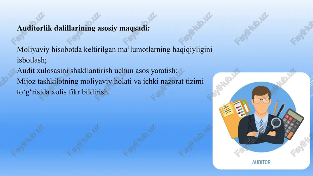 y tizimda investorlar va manfaatdor tomonlar ishonchini mustahkamlovchi omil sifatida ahamiyatga ega. shunday qilib, o‘zbekiston auditorlik amaliyotida dalillarni to‘plash, tahlil qilish va baholashning to‘g‘ri yo‘lga qo‘yilishi nafaqat alohida korxona, balki butun iqtisodiyot miqyosida moliyaviy intizom, halollik va ishonchlilik muhitini yaratishga xizmat qiladi. dalillarining mohiyati, turlari, ularni olish usullari va amaliy ahamiyati tahlil qilindi. auditorlik dalillari audit jarayonining asosiy tayanchi hisoblanadi. ularning to‘g‘ri tanlanishi va tahlil qilinishi moliyaviy hisobotlarning ishonchliligini oshiradi. o‘zbekiston sharoitida auditorlik dalillarining sifatini oshirish uchun xalqaro standartlarga mos yondashuv, texnologik innovatsiyalar va malakali kadrlar tayyorlash zarur. thank you image1.jpg image2.png image3.jpg image4.jpg image5.png image6.png image2.svg audit /docprops/thumbnail.jpeg