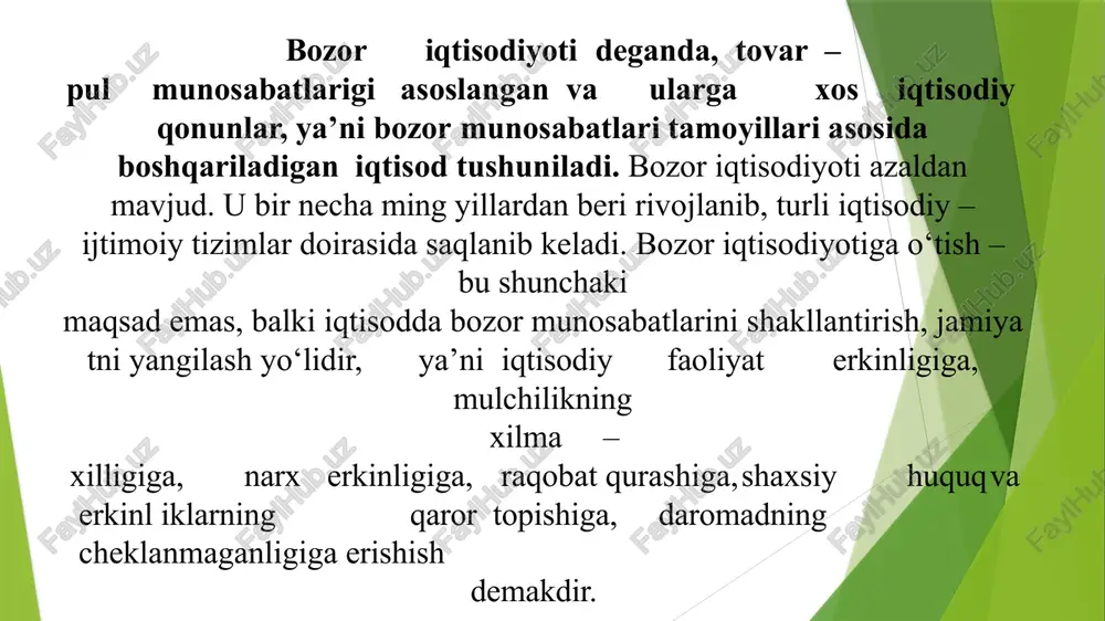 18,4 mingtasi xususiy mulk bo'lib qoldi. 1994 yilda mamlakat yalpi ijtimoiy mahsulotining deyarli yarmi iqtisodiyotning nodavlat sektorida ishlab chiqildi, bu sektorda 4 millionga yaqin kishi ish bilan band bo'ldi. har 3 kishining bittasi egasiga imtiyozli shartlar bilan yoki bepul kvartira berildi. mulkni davlat tasarrufidan chiqarish va xususiylashtirishga doir 20 dan ortiq davlat dasturi qabul qilindi. o'zbekistonda mulkni davlat tasarrufidan chiqarish chog'ida aholi uchun imtiyozli tizim yaratildi. 2003 yil boshida xususiy va kichik korxonalar soni 120 mingdan oshdi. iqtisodning agrar sohasidagi o'zgarishlari 1991-2003 yillar davomida qishloq xo'jaligini isloh qilish masalalari bo'yicha 10 dan ortiq qarorlar qabul qildi. 2003 yilda 3541 ming gektar ekin maydonining 3326 ming gektari yoki 94% shirkat, fermer va dehqon ho'jaliklari ixtiyorida bo'lsa, bugungi kunda ular deyarli shundan 992 ming gektari fermer ho'jaliklari tasarrufiga o'tdi. respublikada etishtirilgan qishloq xo'jaligi mahsulotlarining 99 foizi iqtisodiyotning nodavlat sektori hissasiga to'g'ri keladi. 1991 yilgacha mamlakatimizda 1 million 842 ming xonadon gazlashtirilgan bo'lsa, …