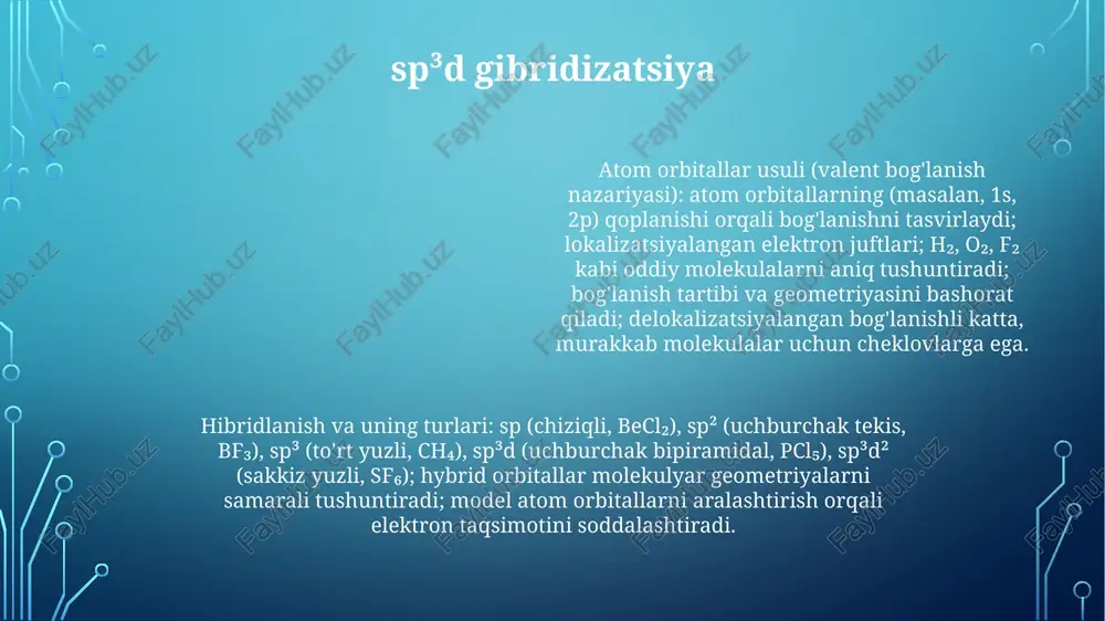 chiziqli kombinatsiyasi (aok) muhim ahamiyatga ega. atom orbitallarning chiziqli kombinatsiyasi (achk) lcao, molekulyar orbitallarni (mo) atom orbitallarning (ao) chiziqli kombinatsiyasi sifatida yaqinlashtiradi, masalan, h₂ ning bogʻlovchi σ mo har bir h atomidagi 1s ao yigʻindisidir; bogʻlanmaydigan σ esa farqdir. koeffitsiyentlar variatsion prinsip orqali aniqlanadi. atom orbitallari gibridlanish (sp, sp², sp³, va hokazo) orqali yangi shakl va energiyaga ega boʻlgan gibrid orbitallar hosil boʻladi, bu bogʻlanish uchun qulaydir atom orbitallar usuli atomlardagi elektron taqsimotini aolar (1s, 2p x va hokazo) yordamida tasvirlaydi; masalan, he ning 1s² konfiguratsiyasi. bog'lanishni sifat jihatdan tushunish uchun foydali. ko'p elektronli sistemalar uchun aniq natija bermaydi. sp³ gibridizatsiya atom orbitallari metodi va gibridlanish turlari: bu metod atom orbitallarini (masalan, s, p, d) birlashtirib molekulyar orbitalar hosil qilish orqali bog'lanishni tushuntiradi molekulyar orbital usuli: atom orbitalarining chiziqli kombinatsiyalaridan (aok) molekulyar orbitalar yaratadi. bog'lanuvchi (σ, π) va bog'lanmauvchi (σ*, π*) orbitalarni hisobga oladi. kislorod (o₂) kabi molekulalar uchun bog'lanish …