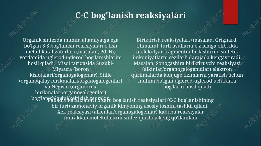 elajakdagi bog'lanish yo'nalishlari murakkab molekulalarni sintezlashda turli xil sp³-sp² biriktirish reaksiyalariga qaratilgan, 90% dan yuqori hosildorlik bilan fotoredoks/nikel qo'shaloq katalizi orqali c–h funksiyonalizatsiyasini kengaytirish, tabiiy mahsulotlarni (masalan, taksanlar) va dorilarni (masalan, kinaza inhibitörleri) sintezlashda qo'llanilib, hozirgi zamon texnologiyalaridan 20% ga oshib ketdi. bog'lash reaksiyalarining turlari organotin reagentlari palladiy katalizatorlari yordamida organik galogenidlar yoki triflatlar bilan reaksiyaga kirishadi. turli funksiyonal guruhlarni biriktira olish qobiliyati tufayli (masalan, taksol sintezida) keng qo'llaniladi. biroq, qalay reagentlari zaharli bo'lishi mumkin, bu esa uning qo'llanilishini cheklaydi. negishi biriktiruvi: organotsink reagentlari, palladiy yoki nikel katalizatorida organik galogenidlar yoki triflatlar bilan reaksiyaga kirishadi. tabiiy mahsulotlar sintezida (masalan, turli terpenoidlar) yuqori funktsional guruh tolerantligiga ega boʻlib, foydali hisoblanadi suzuki-miyaura bog'lash: palladiy katalizli reaksiya, organoboron birikmalari va organik galogenidlar yoki psevdogalogenidlar orasida uglerod-uglerod bog'larini hosil qiladi. dori-darmonlar (masalan, bosutinib sintezi) va materiallar fanida (masalan, bog'langan polimerlar) keng qo'llaniladi. yuqori hosildorlik, yumshoq shart-sharoitlar, funktsional guruhlarga bardoshli. ko'ndalang bog'lanish reaksiyalari ko'pgina bog'lanishlarni, …