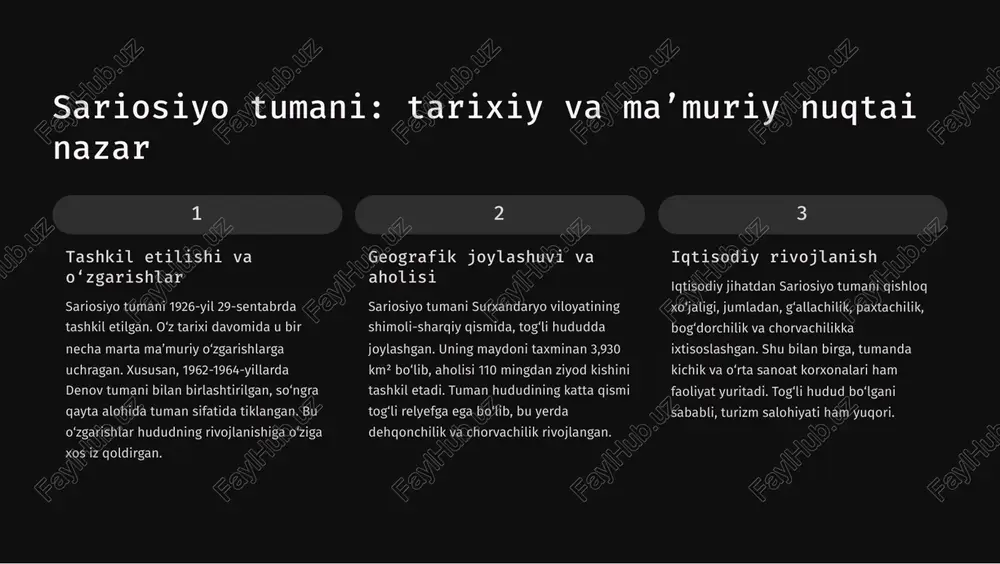 q bo8lib, uning shifobaxsh xususiyatlari haqida mahalliy aholi orasida ko8plab afsonalar mavjud. suvning tarkibida minerallar ko8p bo8lib, u ko8plab kasalliklarga davo hisoblanadi. sharshara atrofida ham bir nechta toza buloqlar mavjud. sayyohlar uchun jozibadorlik yoz mavsumida sangardak sharsharasiga tashrif buyuruvchilar soni ayniqsa ko8p bo8ladi. sharsharaning salqin muhiti va uning shovqinining ruhiy tetiklik beruvchi ta9siri sayyohlarni o8ziga tortadi. bu yerga nafaqat o8zbekistonning turli burchaklaridan, balki xorijdan ham mehmonlar tashrif buyurishadi. https://gamma.app/?utm_source=made-with-gamma 1 shtamp tabassumli tabiiy landshaftlar va obodonlashtirish surxandaryo viloyati va xususan, sariosiyo tumanining tabiat go8zalliklari nafaqat ko8zni quvontiradi, balki aholining farovonligini ta9minlashga ham xizmat qiladi. so8nggi yillarda bu hududda obodonlashtirish va infratuzilmani rivojlantirish bo8yicha katta ishlar olib borilmoqda. sayyohlik infratuzilmasi sharshara atrofidagi yo8llar kengaytirilib, qulay sharoitlar yaratilgan. yangi mehmonxonalar, oshxonalar va dam olish maskanlari tashkil etilgan bo8lib, ular sayyohlar uchun yuqori darajadagi xizmat ko8rsatishni ta9minlaydi. bu esa hududda turizmning rivojlanishiga yordam beradi. aholi bandligini ta9minlash mahalliy aholi uchun yangi ish o8rinlari …