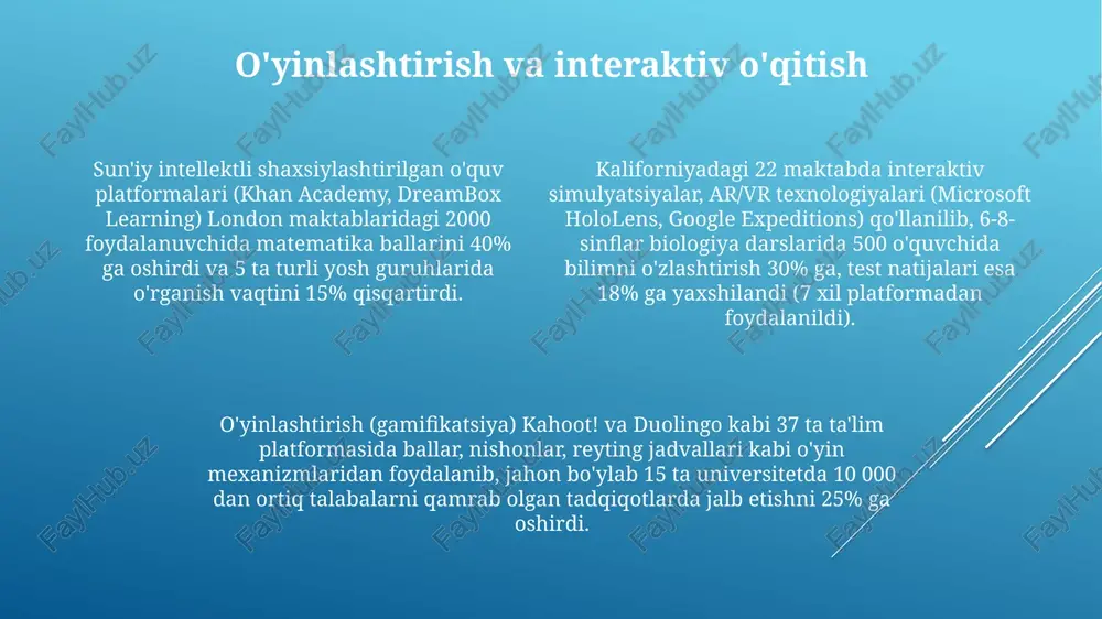 ° virtual ekskursiyalarni taklif etib, taxminan 1500 maktabda geografiya va tarixni tushunishni yaxshilaydi. immersiv o'qitish jalb etishni 40% ga oshiradi. e'tiboringiz uchun rahmat @taqdimot_robot