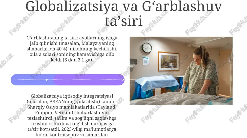 2nd qtr 100 0 kechiktirilgan nikoh va farzand ko'rish shaharlashuv va turmush tarzining o'zgarishi davlat siyosati va oila rejalashtirish dasturlari janubiy-sharqiy osiyodagi tug'ilishning pasayishi (masalan, tailandda 1.5, vetnamda 2 janubiy-sharqiy osiyo mamlakatlaridagi ijtimoiy normalarning o'zgarishi va turmush qurish yoshining kechikishi (masalan, kambodja, laosning qishloq joylaridagi madaniy qadriyatlarning o'zgarishi) oilaning hajmi haqidagi afzalliklarga ta'sir qiladi ijtimoiy normalar va oila tuzilmalarining o'zgarishi janubiy-sharqiy osiyodagi tug'ilishning pasayishi (masalan, taylandda 1.5, vetnamda 2 iqtisodiy omillar oila hajmi qarorlariga sezilarli ta'sir ko'rsatadi. kontratseptsiyaga kirish imkoniyatining oshishi (myanmada, kambodjada hukumat tashabbuslari) va ayollar uchun ish joylarida imkoniyatlarning ko'payishi (masalan, singapurda texnologiya sohasidagi ishlar, balida turizm) kichik oilalarga hissa qo'shadi texnologiya va ijtimoiy tarmoqlar ta'siri texnologiya kontratseptiv vositalarga (onlayn buyurtma, teletibbiyot) va reproduktiv tanlovlarga taʼsir koʻrsatuvchi oila rejalashtirish boʻyicha maʼlumotlarga kirishni osonlashtiradi, bu singapur (almashtirish darajasidan past), malayziya va filippindagi kabi mamlakatlarda tugʻilish darajasiga taʼsir qiladi janubiy-sharqiy osiyodagi tug'ilish darajasining pasayishi (masalan, taylandda 1.5, vetnamda 2.0) texnologiya …