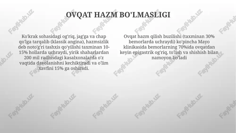 nechta tadqiqotlarda (masalan, klivlend klinikasi, mayo klinikasi) 50% dan ortiq hollarda qayd etilgan zaiflik bemorlarning 50-60 foizida kuzatiladigan charchoq (masalan, londonda ovqat tayyorlash kabi oddiy ishlarni bajara olmaslik) kundalik hayotga sezilarli darajada ta'sir qiladi. ko'pincha jismoniy faollikning pasayishi (masalan, yurak reabilitatsiya markazida 6 daqiqalik yurish testi orqali o'lchanadi) bilan birga keladi. nafaqa yetishmasligi (dispnea), 60-70% ta'sir qiladi, nyha shkalasi (i-iv) bo'yicha baholanadi, jismoniy faoliyat bilan kuchayadi (masalan, mayamidagi tekis yuzada 100 metr yurish), ko'pincha ortopnea (yolg'on holatda nafas olish qiyinlashishi) va paroksismal tungi dispnea (kechasi to'satdan nafas qisilishi) bilan birga keladi. ko'krak og'rig'i (angina pektoris), bemorlarning 70-80 foizida uchraydi, ko'pincha chap qo'l, jag' yoki orqaga tarqaladi, jismoniy harakat (masalan, denverda 5280 fut balandlikda zinapoyadan chiqish) bilan kuchayadi va dam olish yoki nitroglitserin bilan kamayadi. yo'tal surunkali yo'tal (8 haftadan ortiq davom etadigan yo'tal); tarqalish 40-50%; ace inhibitörlari (dori yon ta'siri), bronxit (ko'pincha yurak yetishmovchiligi tufayli), va burun orqa tomchisiga bog'liq; …