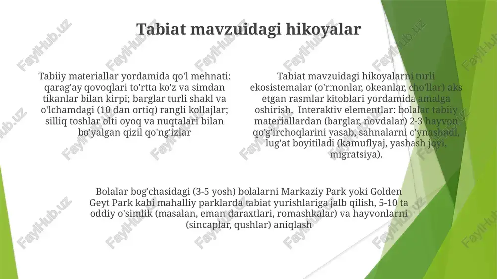 o boʻyidagi yoʻllar), tabiat kollajlarini yaratish (8-10 ta yigʻilgan buyumlar: barglar, novdalar, urugʻlar, toshlar), sodda tabiat tajribalari (urugʻ ekish, oʻsimlik oʻsishini kuzatish) 10x10 futli ajratilgan bogʻ uchastkasida 2-3 ta lupa yordamida. hayvonlar bilan uchrashuv va kuzatish hayvonlar haqida kitob o'qish (3-4), chizish va rasmlar, zoo/akvariumga tashrif. mahalliy parklarda (masalan, markaziy park, redwood milliy parki) qush (masalan, qizilquyruq, kardinal; 5-7 tur) aniqlashga qaratilgan tabiat yurishlari (2-3 soat). durbin (2x kattalashtirish) va dala qo'llanmalaridan foydalaniladi. hashamat kuzatish (qo'ng'iz, chumoli; 3-4 tur) lupalar (5x) yordamida tabiatdan kollajlar (qayin, eman barglari; 5-10 tur), novdalar, gullar (papaq, quyoshgul; 3-4 tur)dan tuzib, rang va tuzilmalarga e'tibor qaratish. terrariumlarda mini-ekosistemalar (1-2 ta) yaratish (tuproq, toshlar, novdalar) va umurtqasiz hayvonlarning (masalan, izopodlar, yer qurtlari; 2 tur) xulq-atvorini kuzatish sinf xonasi bog'ini yetishtirish e'tiboringiz uchun rahmat @taqdimot_robot